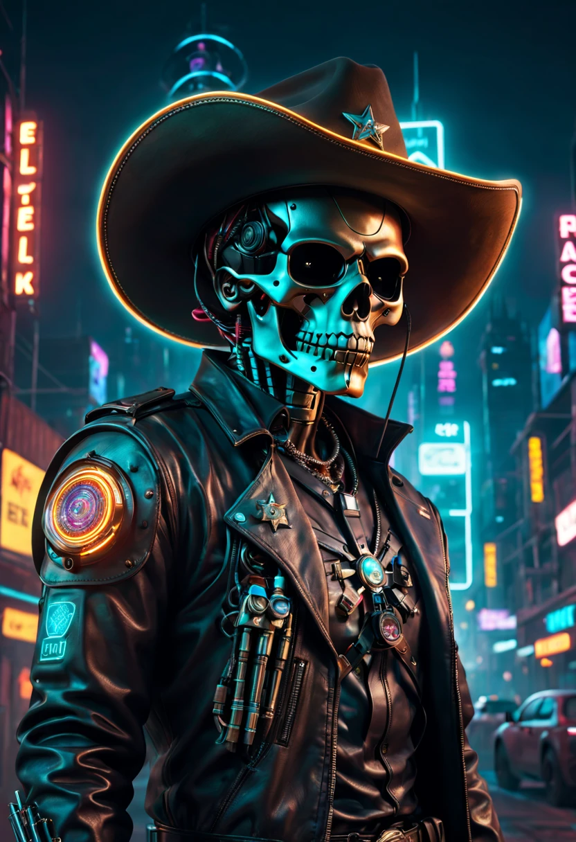 Cyberpunk cyborg，Sheriff，skeleton head，metalictexture，cowboy hat，Cockade，Neon brim，Retro-Future，vibrant with colors，electric sparks，Dystopian cityscape，Network enhancement，glowing light eyes，jaqueta de couro，high - tech  revolver，wires and cables，nighttime scene，Mixed reality。(Best quality at best,4K,8K,A high resolution,tmasterpiece:1.2),ultra - detailed,(actual,photoactual,photo-actual:1.37),