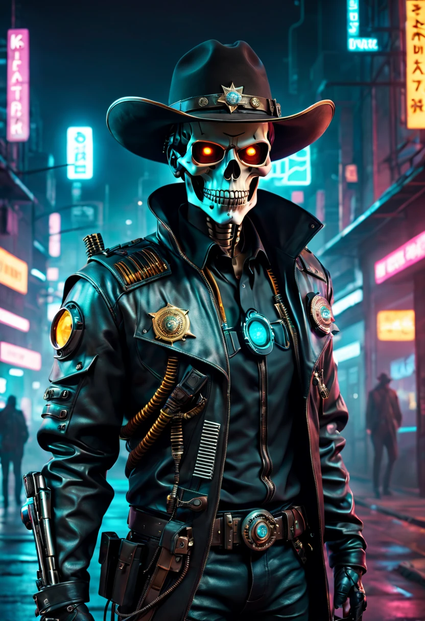 Cyberpunk cyborg，Sheriff，skeleton head，metalictexture，cowboy hat，Cockade，Neon brim，Retro-Future，vibrant with colors，electric sparks，Dystopian cityscape，Network enhancement，glowing light eyes，jaqueta de couro，high - tech  revolver，wires and cables，nighttime scene，Mixed reality。(Best quality at best,4K,8K,A high resolution,tmasterpiece:1.2),ultra - detailed,(actual,photoactual,photo-actual:1.37),