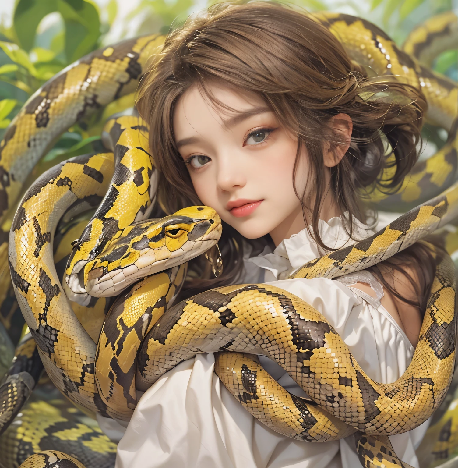 ((Finest quality)),(超A high resolution),(ultra-detailliert),(Meticulous portrayal),((Best CG)),(Finest works of art),Ultra-Precision Art,The art of astounding depiction, (White large snake:1.5),(1人の女性:1.5),(Clear crimson eyes:1.5),A dark-haired,Long,straight,deadpan:1.3,(Body wrapped around a white snake:1.5),Plain white kimono:1.5,