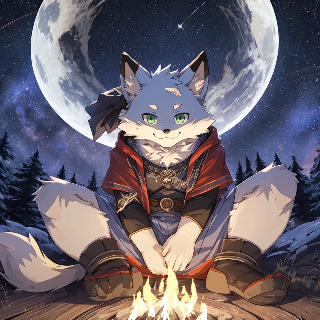 (tmasterpiece: 1.2, Best quality at best)A sixteen year old male fox,fatness,Innocent and adorable,Dark green eyes,light fur,Hands and feet hair color pure white,Ears pure white。individually,lone,Sit by the tree,the night,Starry Sky smiles。Portrait drawing。