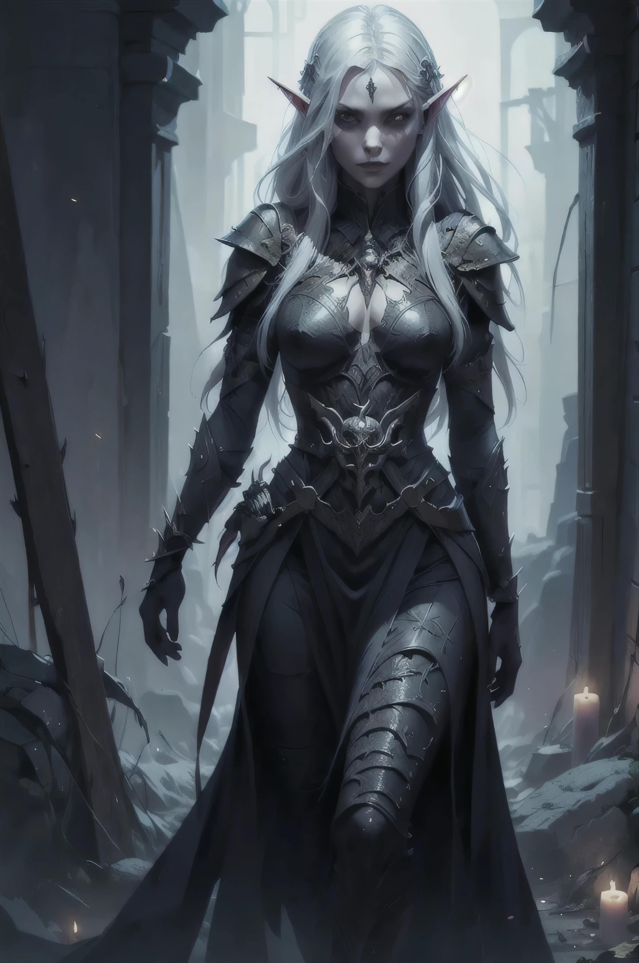 (highest quality), (masterpiece), 1 woman, necromancer, hero, brown skin, long gray hair, skeletal armor, serious looking, intricate bone armor, casting dark magics, cleavage, metal armor, holding an intricate dark staff, dark forest in the background