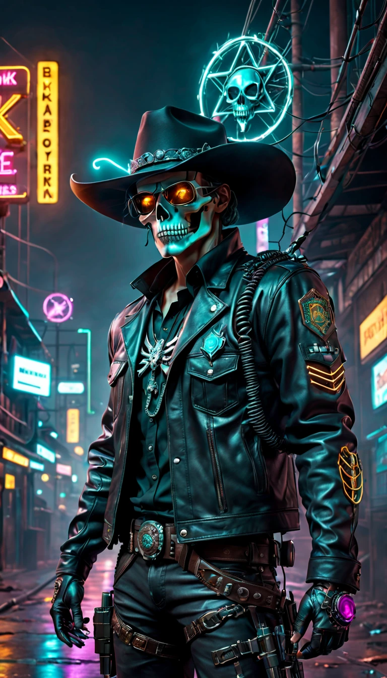 Cyberpunk cyborg，Sheriff，skeleton head，metalictexture，cowboy hat，Cockade，Neon brim，Retro-Future，vibrant with colors，electric sparks，Dystopian cityscape，Network enhancement，glowing light eyes，jaqueta de couro，Cowboy boot，high - tech revolver，wires and cables，nighttime scene，Mixed reality。(Best quality at best,4K,8K,A high resolution,tmasterpiece:1.2),ultra - detailed,(actual,photoactual,photo-actual:1.37),