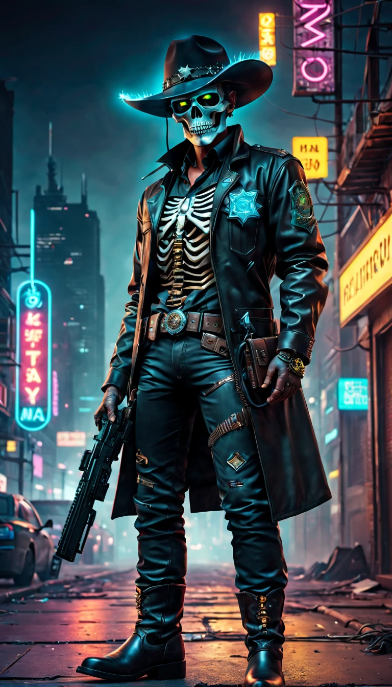 Cyberpunk cyborg，Sheriff，skeleton head，metalictexture，cowboy hat，Cockade，Neon brim，Retro-Future，vibrant with colors，electric sparks，Dystopian cityscape，Network enhancement，glowing light eyes，jaqueta de couro，Cowboy boot，high - tech revolver，wires and cables，nighttime scene，Mixed reality。(Best quality at best,4K,8K,A high resolution,tmasterpiece:1.2),ultra - detailed,(actual,photoactual,photo-actual:1.37),