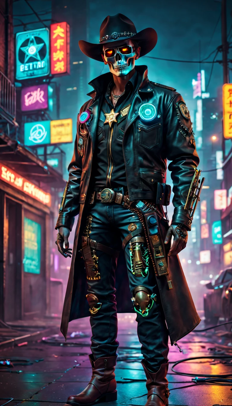 Cyberpunk cyborg，Sheriff，skeleton head，metalictexture，cowboy hat，Cockade，Neon brim，Retro-Future，vibrant with colors，electric sparks，Dystopian cityscape，Network enhancement，glowing light eyes，jaqueta de couro，Cowboy boot，high - tech revolver，wires and cables，nighttime scene，Mixed reality。(Best quality at best,4K,8K,A high resolution,tmasterpiece:1.2),ultra - detailed,(actual,photoactual,photo-actual:1.37),
