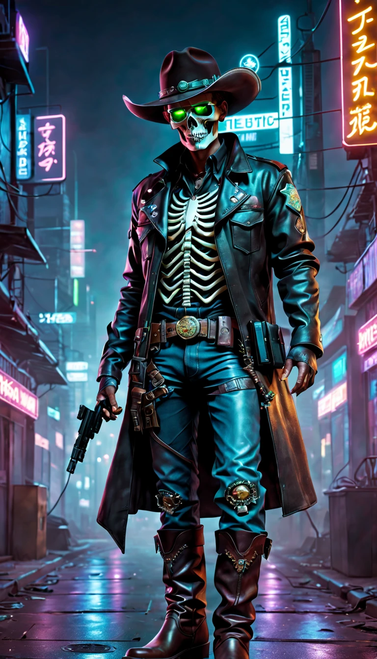 Cyberpunk cyborg,Sheriff,skeleton head,metalictexture,cowboy hat,Cockade,Neon brim,Retro-Future,vibrant with colors,electric sparks,Dystopian cityscape,Network enhancement,glowing light eyes,jaqueta de couro,Cowboy boot,high - tech revolver,wires and cables,nighttime scene,Mixed reality。(Best quality at best,4K,8K,A high resolution,tmasterpiece:1.2),ultra - detailed,(actual,photoactual,photo-actual:1.37),