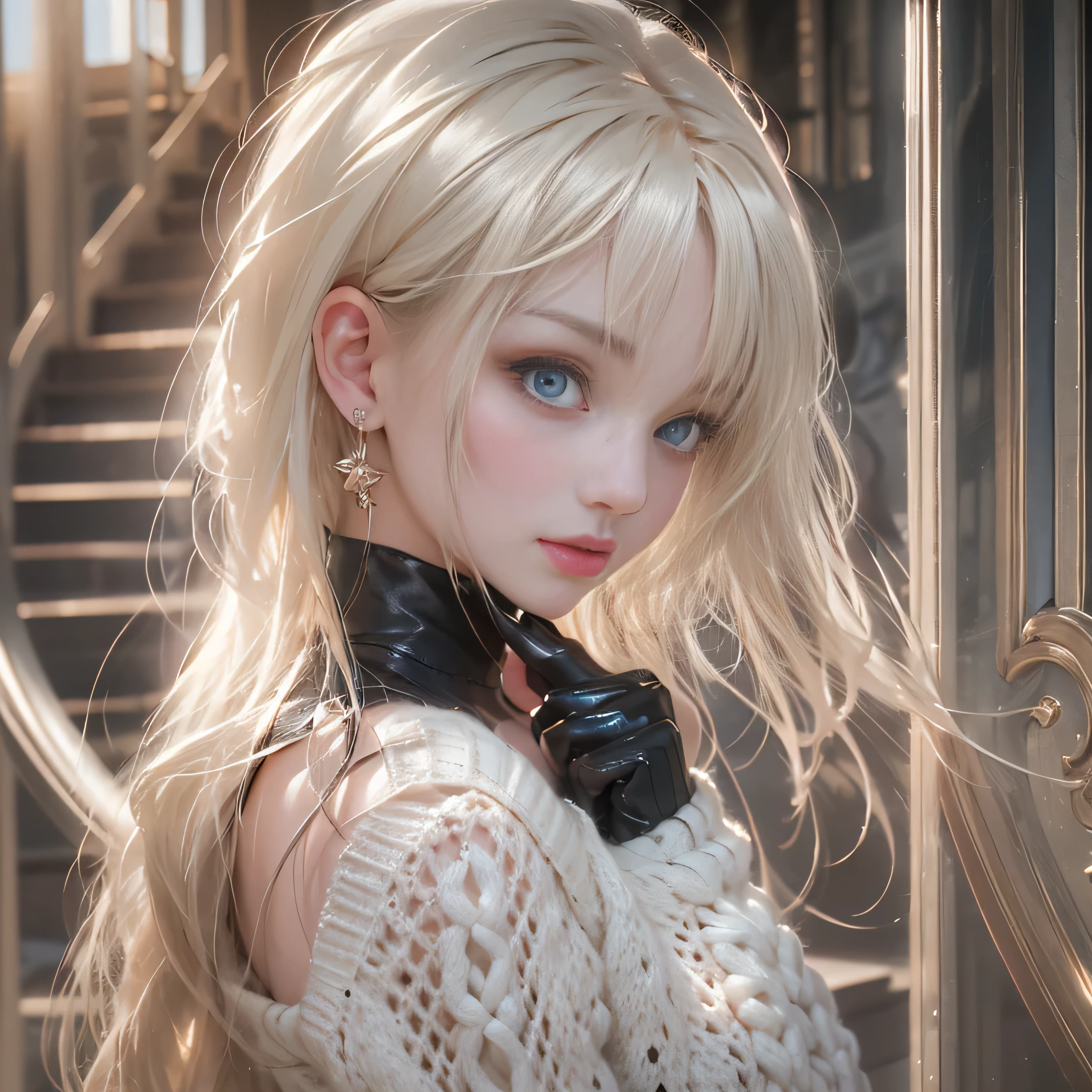 ((woman standing on stairs in office)),bright expression、Young shiny shiny white shiny skin、Best Look Rondo Reflective Light、Platinum blonde hair with dazzling highlights、shiny light hair,、Super long silky straight hair、Beautiful bangs that shine、（Glowing crystal clear attractive big blue eyes）、very beautiful lovely woman、(breasts of medium size,),Beautiful detailed eyes, beautiful detailed nose,(( Full Body Angle:1.5)),Makeup that the eyes emphasize、Royal style，Comic style, , Sub-surface scattering, ornate detail, nature backdrop, Supergianthugebreasts, ((Cinematic)), Dramatic Lighting, masutepiece、((Off-the-shoulder white hand-knitted sweater:1.4))、((Black Leather Mini Skirt)), ((Black Leather High Heel Boots)）、(White lace panties are visible)、1 girl in、Ultra realistic 8K CG, 絵のようにflawlessな顔, flawless, clean, masutepiece, Professional artwork, famousartwork, Perfect face, Beautiful face, beautiful lawless female body)), Solo,(Immersive atmosphere, Chiaroscuro:1.5,Bright light:1.2,Luminous lighting),(blush:0.5),fascinated expression,Extremely detailed_Eyes,thick thighs,Large,beautifullydetailedbackground,depth of fields,Realistic:1.3, , (ambient lights:1.3),(Cinematic composition:1.3),(Neon light:0.1),(nffsw:0.1),