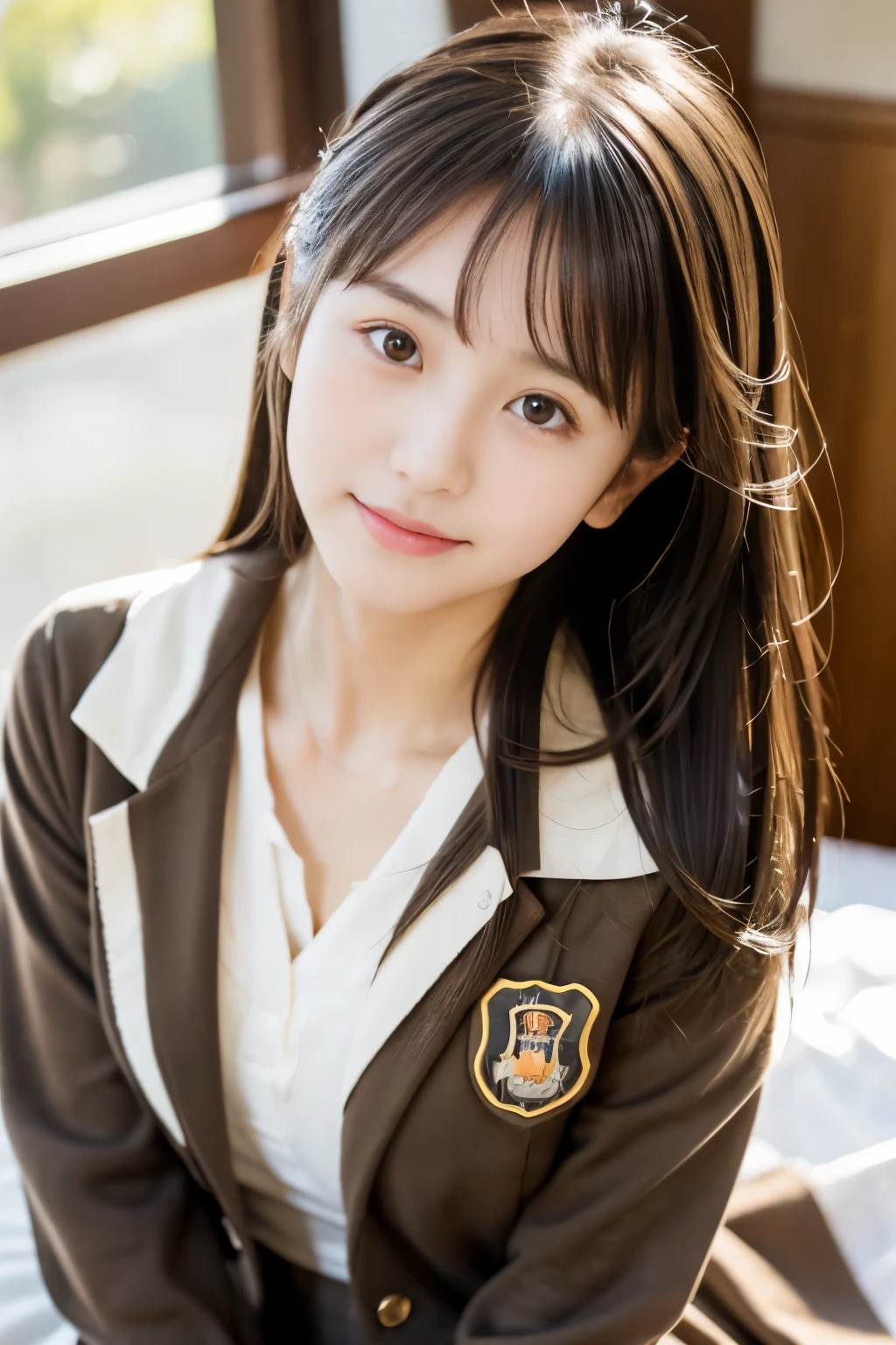 (((masterpiece))), (One beautiful Japan girl, classmates, Innocence,kawaii) ,超A high resolution, Realistic, ultra-detailliert, 8K,top-quality, Extremely detailed, Detailed background,A slender,very beautiful japanese girl, Detailed face:1.3), (cute hairstyle,A dark-haired :1.4), (a ,kawaii系,adorable 14 year oPerfect body:1.1), (Brown blazer, Light brown pleated mini skirt), I close my eyes waiting for a kiss,Super Detailed Face、Detailed lips、A detailed eye、small gravure idol,Transparent skin、Lori,Japanese high school uniform with the school emblem on the chest,high-definition RAW color photography, professional photograpy, Extremely detailed,, amazing, finely detail, Huge file size, extremely detailed fingers, highly detailed nose, highly detail mouth, (bed), ((Full body shot)), (lie down on the bed),Perfect Anatomy, Photorealsitic, 8k full-length portraits, Photography, Perfect Skin, Warm air,Expectations and anxieties,The chest is exposed and the shoulders are visible..,Beautiful collarbone,Gorgeous hotel rooms