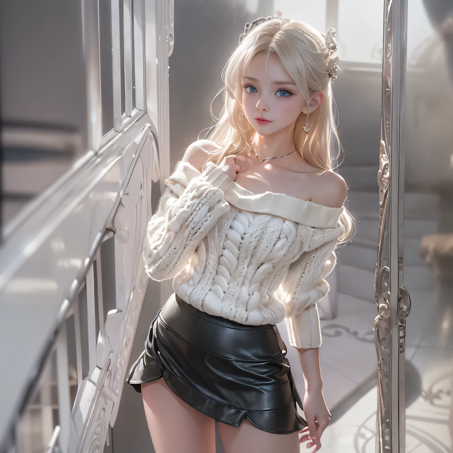 ((woman standing on stairs in office)),bright expression、Young shiny shiny white shiny skin、Best Look Rondo Reflective Light、Platinum blonde hair with dazzling highlights、shiny light hair,、Super long silky straight hair、Beautiful bangs that shine、（Glowing crystal clear attractive big blue eyes）、very beautiful lovely woman、(breasts of medium size,),Beautiful detailed eyes, beautiful detailed nose,(( Full Body Angle:1.5)),Makeup that the eyes emphasize、Royal style，Comic style, , Sub-surface scattering, ornate detail, nature backdrop, Supergianthugebreasts, ((Cinematic)), Dramatic Lighting, masutepiece、((Off-the-shoulder white hand-knitted sweater:1.4))、((Black Leather Mini Skirt)), ((Black Leather High Heel Boots)）、(White lace panties are visible)、1 girl in、Ultra realistic 8K CG, 絵のようにflawlessな顔, flawless, clean, masutepiece, Professional artwork, famousartwork, Perfect face, Beautiful face, beautiful lawless female body)), Solo,(Immersive atmosphere, Chiaroscuro:1.5,Bright light:1.2,Luminous lighting),(blush:0.5),fascinated expression,Extremely detailed_Eyes,thick thighs,Large,beautifullydetailedbackground,depth of fields,Realistic:1.3, , (ambient lights:1.3),(Cinematic composition:1.3),(Neon light:0.1),(nffsw:0.1),
