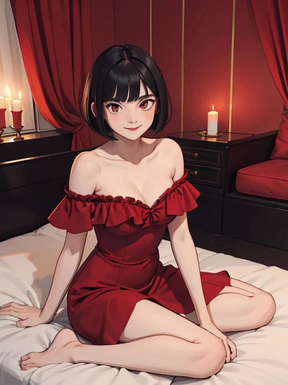1 girl, solo, ager, black hair, bob cut, bob hair, red eyes, beautiful details eyes, smile, in a flamenco dress, off the shoulder dress, red dress, bare shoulders, large chest, sitting pose, and being so beautiful, room background, sitting on a bed, luxurious spa with candlelit on the floor, in a dark room, 2D flat, 2D illustration,