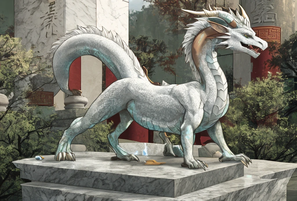 There is a terrified woman standing on all fours on a stone plinth outside of a forgotten asian temple, Her feet and hands are stuck to the plinth as they turn to stone, she morphs into an eastern dragon as her flesh petrifies into stone, human chinese dragon statue hybridization, HD, extreme detail, photorealistic, marble, long body, long neck, long tail