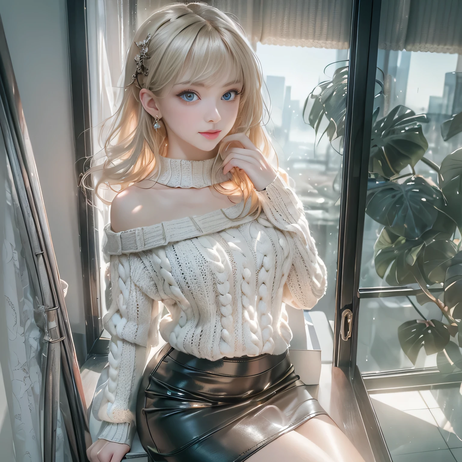 Opening legs、hi-school girl、 Beige colored leotard、A smile、a blond、Spiral perm、Blue eyes