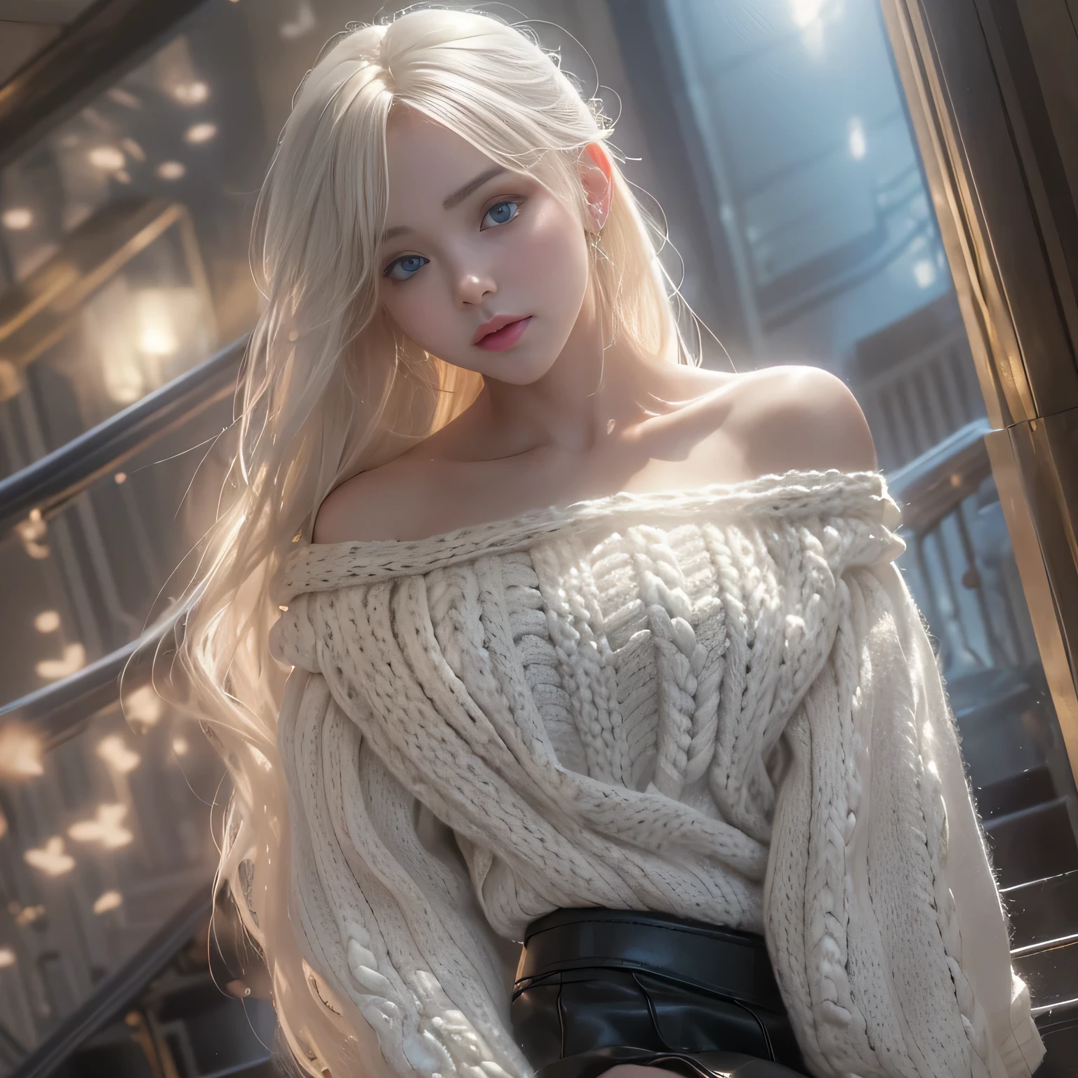((Girl sitting on train seat)),bright expression、Young shiny shiny white shiny skin、Best Look Rondo Reflective Light、Platinum blonde hair with dazzling highlights、shiny light hair,、Super long silky straight hair、Beautiful bangs that shine、Glowing crystal clear attractive big blue eyes、Very beautiful nice cute 16 year old girl、Lush bust,Beautiful detailed eyes, beautiful detailed nose,(( Full Body Angle:1.5)),Makeup that the eyes emphasize、Royal style,Comic style, , Sub-surface scattering, ornate detail, nature backdrop, Supergianthugebreasts, ((Cinematic)), Dramatic Lighting, masutepiece、((Off-the-shoulder white hand-knitted sweater:1.4))、((Black Leather Tight Mini Skirt)), ((Black leather knee-high heel boots))、(White lace panties are visible)1 girl in、Ultra realistic 8K CG, 絵のようにflawlessな顔, flawless, clean, masutepiece, Professional artwork, famousartwork, Perfect face, Beautiful face, beautiful lawless female body)), Solo,(Immersive atmosphere, Chiaroscuro:1.5,Bright light:1.2,Luminous lighting),(blush:0.5),fascinated expression,Extremely detailed_Eyes,thick thighs,Large,beautifullydetailedbackground,depth of fields,Realistic:1.3, (Low Angle Body, (ambient lights:1.3),(Cinematic composition:1.3),(Neon light:0.1),(nffsw:0.1),((Outside the window, Hazy skyscrapers))