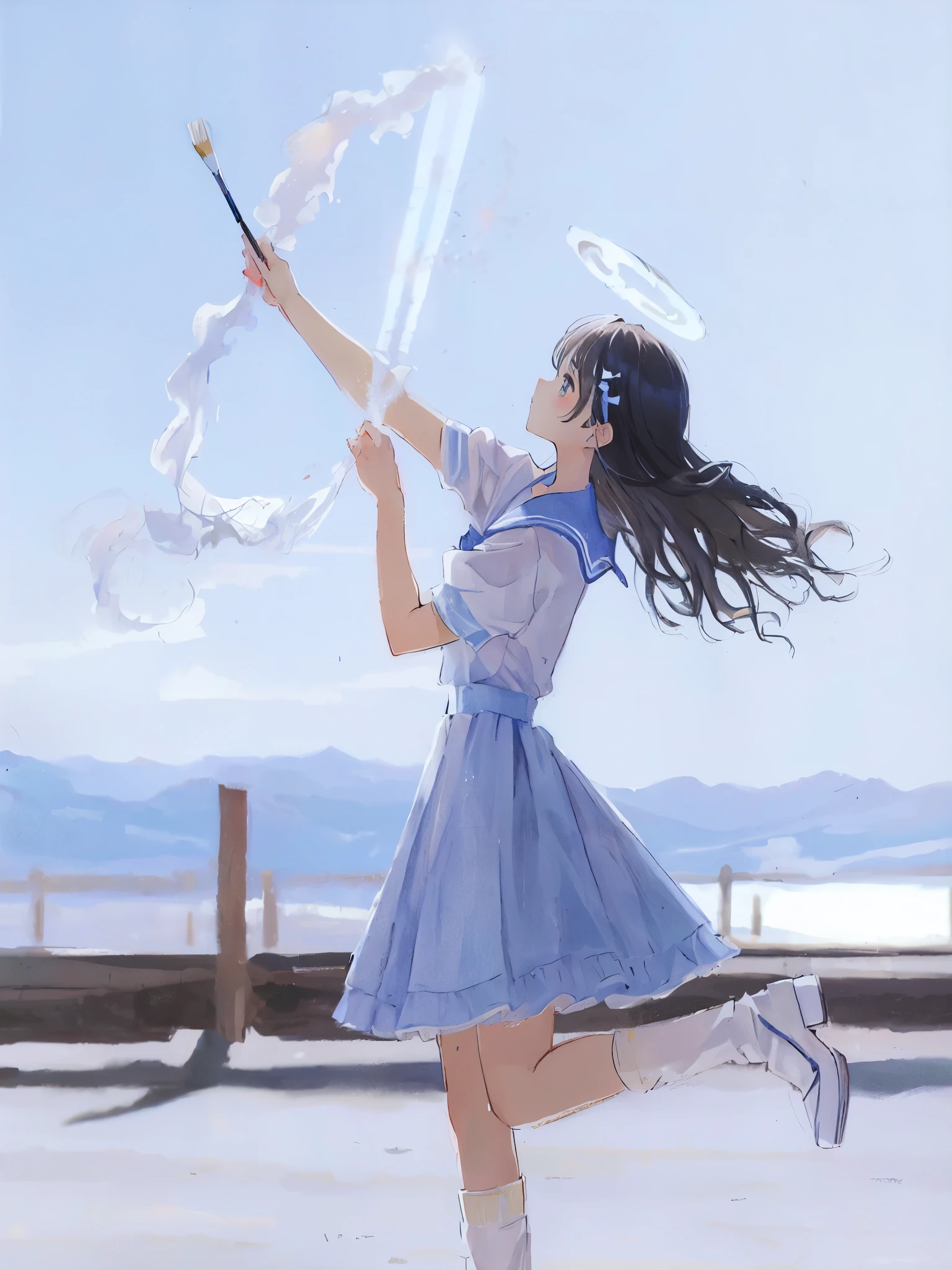 (painting:1.3), (blurry:1.3), (blurry drawing:1.3), araffe girl in a blue dress holding a white cloud bow, white halo cloud, twirling, wind kissed picture, beautiful young wind spirit, rinko kawauchi, aya takano color style, shiori teshirogi, promo art, seifuku, inspired by Yuki Ogura, girl clouds, wind blowing, kawaii playful pose of a dancer, style of magical girl