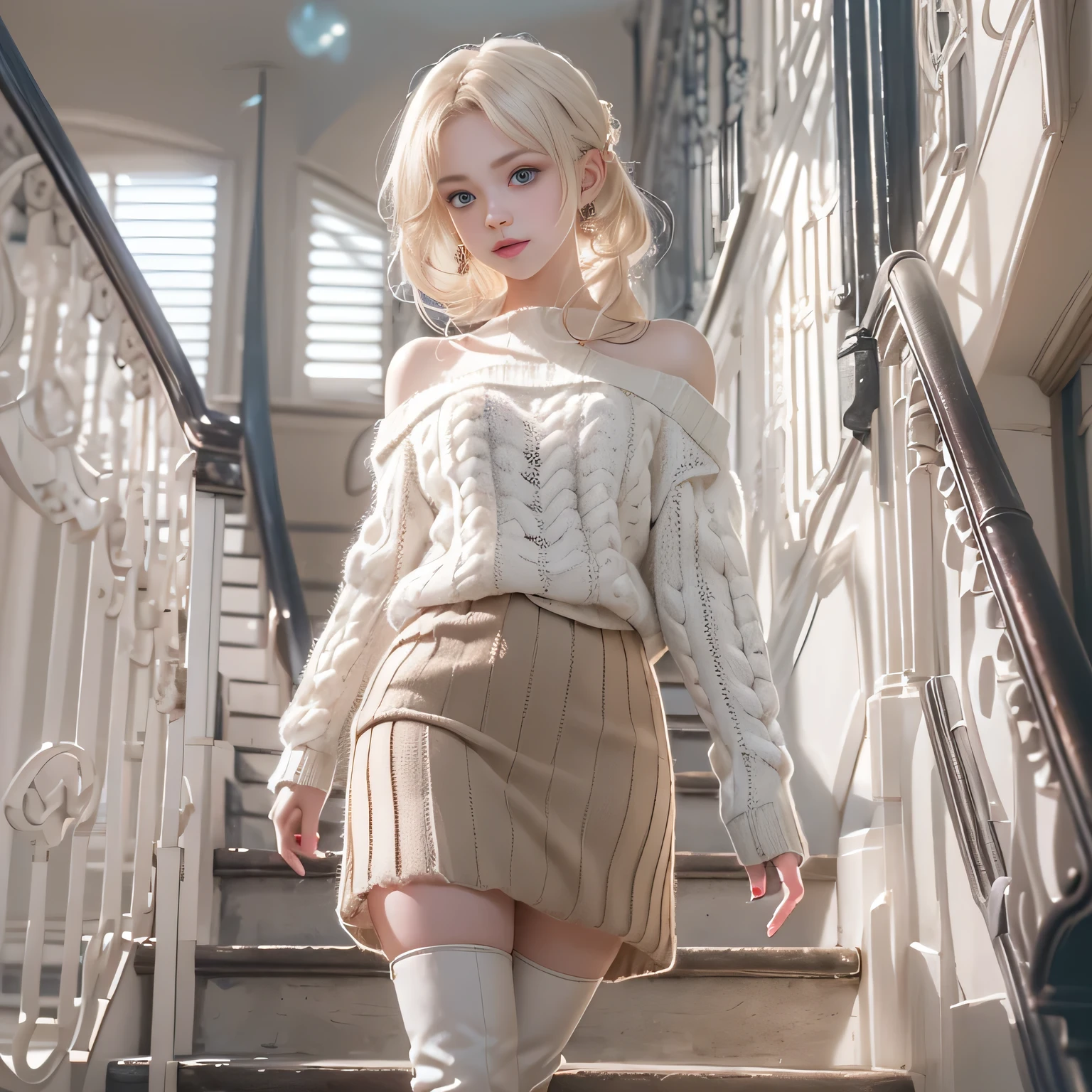 ((woman standing on stairs in office)),bright expression、Young shiny shiny white shiny skin、Best Look Rondo Reflective Light、Platinum blonde hair with dazzling highlights、shiny light hair,、Super long silky straight hair、Beautiful bangs that shine、(Glowing crystal clear attractive big blue eyes)、very beautiful lovely woman、(breasts of medium size,),Beautiful detailed eyes, beautiful detailed nose,(( Full Body Angle:1.5)),Makeup that the eyes emphasize、Royal style,Comic style, , Sub-surface scattering, ornate detail, nature backdrop, Supergianthugebreasts, ((Cinematic)), Dramatic Lighting, masutepiece、((Off-the-shoulder white hand-knitted sweater:1.4))、((Black Leather Mini Skirt)), ((Black Leather High Heel Boots))、(White lace panties are visible)、1 girl in、Ultra realistic 8K CG, 絵のようにflawlessな顔, flawless, clean, masutepiece, Professional artwork, famousartwork, Perfect face, Beautiful face, beautiful lawless female body)), Solo,(Immersive atmosphere, Chiaroscuro:1.5,Bright light:1.2,Luminous lighting),(blush:0.5),fascinated expression,Extremely detailed_Eyes,thick thighs,Large,beautifullydetailedbackground,depth of fields,Realistic:1.3, , (ambient lights:1.3),(Cinematic composition:1.3),(Neon light:0.1),(nffsw:0.1),