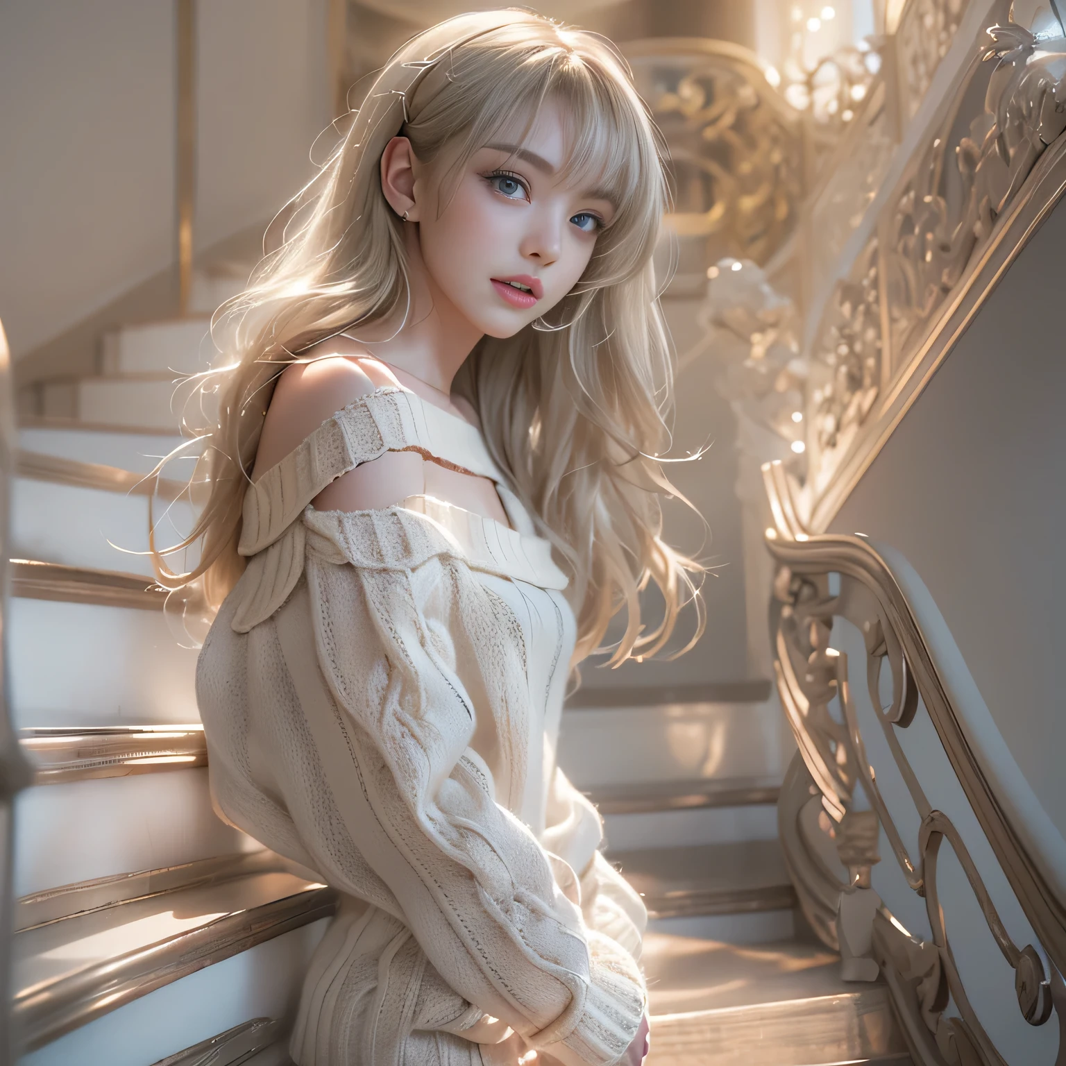 ((woman standing on stairs in office)),bright expression、Young shiny shiny white shiny skin、Best Look Rondo Reflective Light、Platinum blonde hair with dazzling highlights、shiny light hair,、Super long silky straight hair、Beautiful bangs that shine、(Glowing crystal clear attractive big blue eyes)、very beautiful lovely woman、(breasts of medium size,),Beautiful detailed eyes, beautiful detailed nose,(( Full Body Angle:1.5)),Makeup that the eyes emphasize、Royal style,Comic style, , Sub-surface scattering, ornate detail, nature backdrop, Supergianthugebreasts, ((Cinematic)), Dramatic Lighting, masutepiece、((Off-the-shoulder white hand-knitted sweater:1.4))、((Black Leather Mini Skirt)), ((Black Leather High Heel Boots))、(White lace panties are visible)、1 girl in、Ultra realistic 8K CG, 絵のようにflawlessな顔, flawless, clean, masutepiece, Professional artwork, famousartwork, Perfect face, Beautiful face, beautiful lawless female body)), Solo,(Immersive atmosphere, Chiaroscuro:1.5,Bright light:1.2,Luminous lighting),(blush:0.5),fascinated expression,Extremely detailed_Eyes,thick thighs,Large,beautifullydetailedbackground,depth of fields,Realistic:1.3, , (ambient lights:1.3),(Cinematic composition:1.3),(Neon light:0.1),(nffsw:0.1),