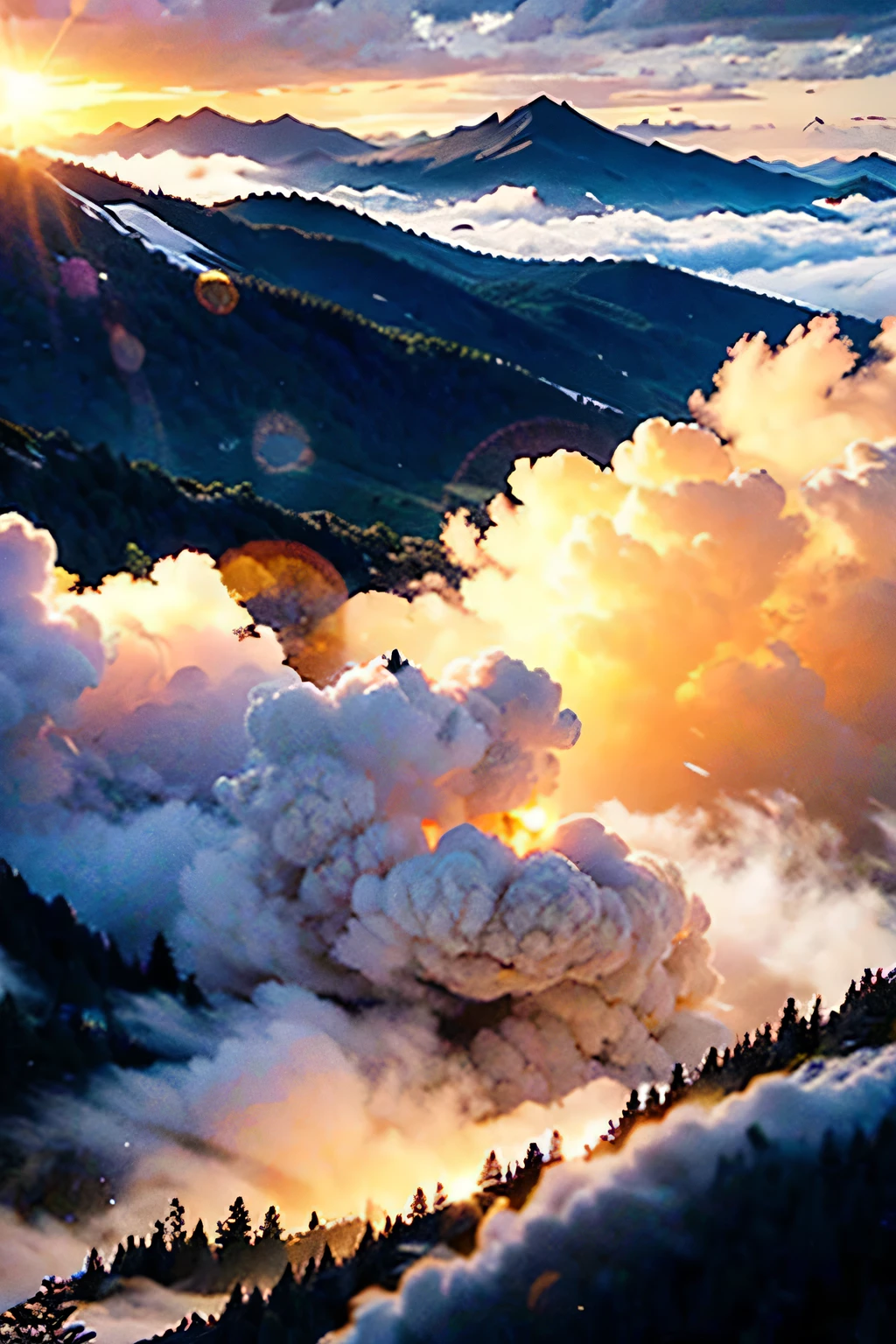 大面积大范園纵deep感极强的天空，Half sky，，golden bursting cumulus clouds，the setting sun，The light from the back window is backlighted，sea bream cloud，，mountain in the distance，Intense golden light timeline，Piercing through the cloudtends to the bottom of the mountain，semi transparent，deep，A small town at the foot of the mountain，Wild flowers in the mountains，large sky frame，High-definition shooting effect—ai 3:4 --v 5.2--ar 3:4