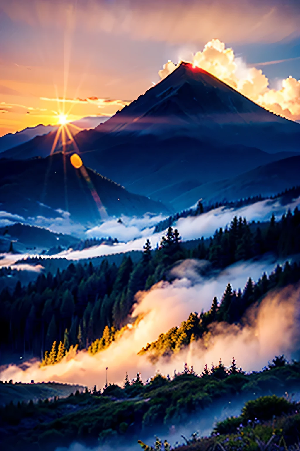 大面积大范園纵deep感极强的天空,Half sky,,golden bursting cumulus clouds,the setting sun,The light from the back window is backlighted,sea bream cloud,,mountain in the distance,Intense golden light timeline,Piercing through the cloudtends to the bottom of the mountain,semi transparent,deep,A small town at the foot of the mountain,Wild flowers in the mountains,large sky frame,High-definition shooting effect—ai 3:4 --v 5.2--ar 3:4