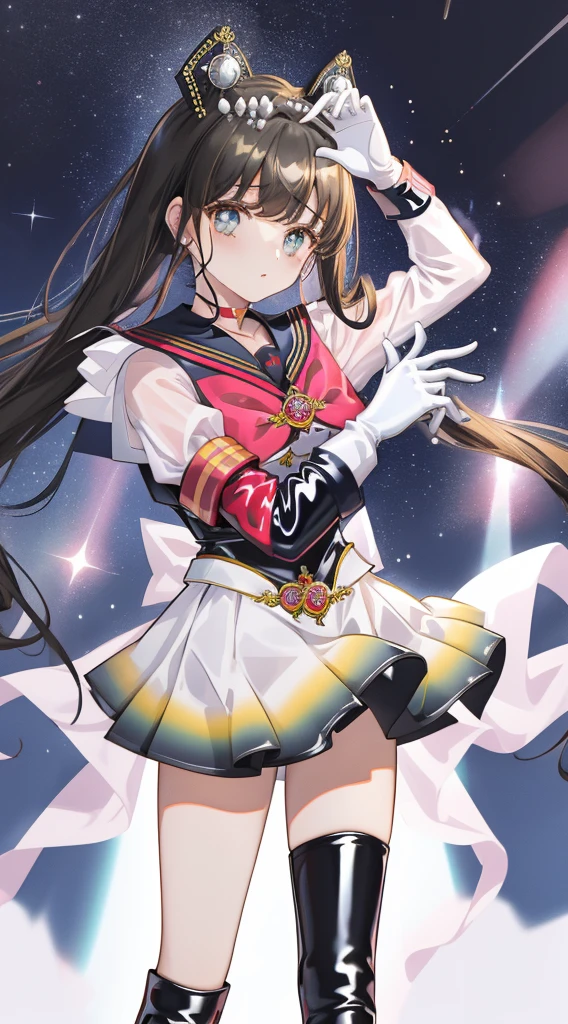 Setsuna,  joy, smile, happy, brown eyes, high ponytail, long hair, sailor senshi uniform, sailor collar, chest bow, back bow, plead skirt, white elbow gloves, (masterpiece:1.1), (best quality:1.1), 1girl, Real light and shadow, anime face, 4k, 8k, wallpaper,epic, detail texture,  (green eyes:1.5), ((((brown hair:1.35 colored inner hair,ear breathing)))),(((brown_eyes:1.3))),intricate eyes,beautiful detailed eyes,symmetrical eyes,big eyes:1.5,(((lustrous skin:1.5,bright skin: 1.5,shiny skin,very shiny skin,shiny body,plastic glitter skin,exaggerated shiny skin,illuminated skin))),(detailed body,(detailed face)),(dynamic pose:1.0),happy,smile,(centered,scale to fit dimensions,Rule of thirds), (ultra detailed,extremely detailed),(photorealistic artwork:1.37),(extremely detailed CG unity 8k wallpaper),(((vibrant colors,vibrant theme))),(intricate),(masterpiece),(best quality),