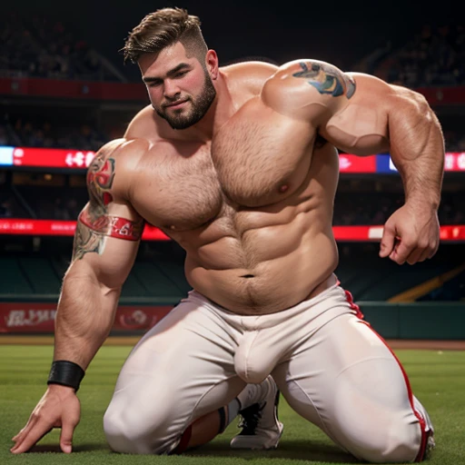 Beefy baseball dude , on the pitchers mound, massive bulge, arm sleeve tattoo