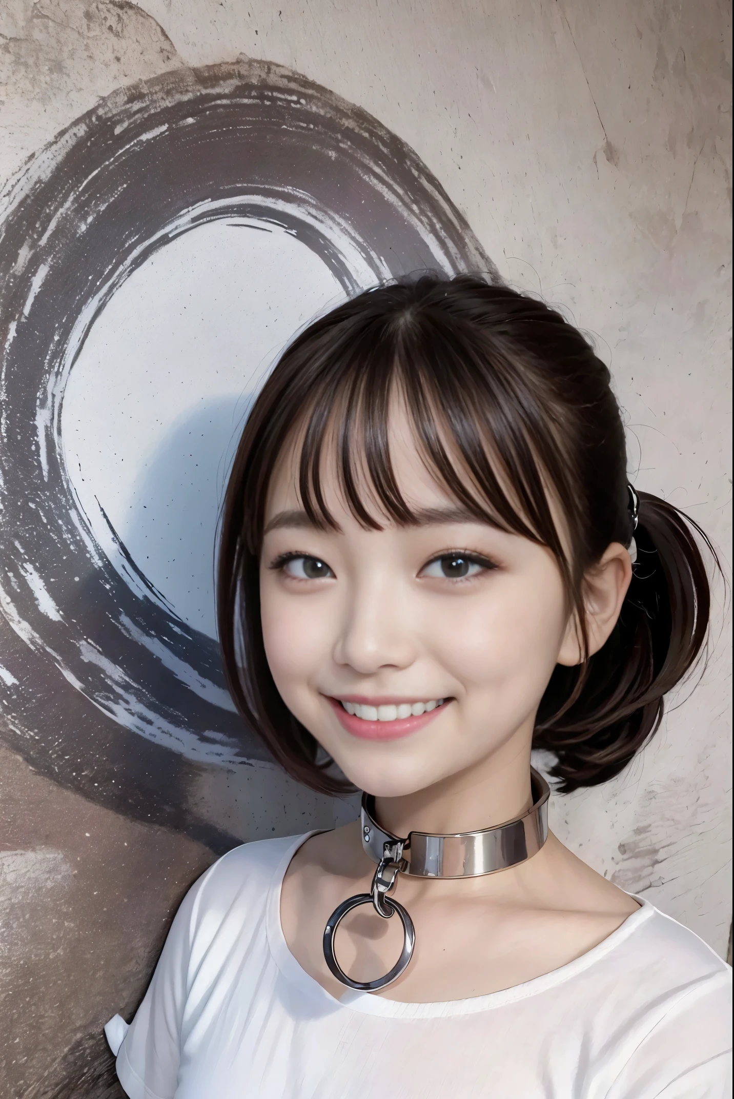 (8K, An ultra-high picture quality,top-quality),(masterpiece:1.5),ID photo,Wall with white background,femele,short sleeved shirt,facing front,View me,Iron collar,red blush,a smile
