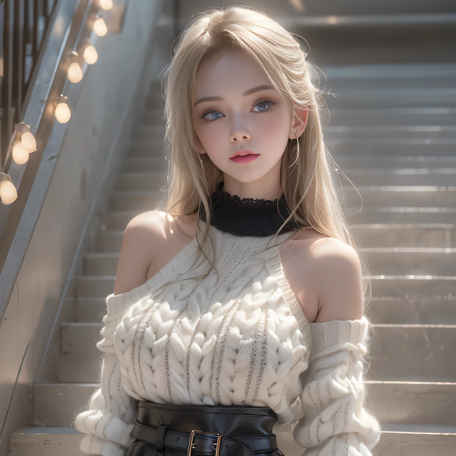 ((woman standing on stairs in office)),bright expression、Young shiny shiny white shiny skin、Best Look Rondo Reflective Light、Platinum blonde hair with dazzling highlights、shiny light hair,、Super long silky straight hair、Beautiful bangs that shine、(Glowing crystal clear attractive big blue eyes)、very beautiful lovely woman、(breasts of medium size,),Beautiful detailed eyes, beautiful detailed nose,(( Full Body Angle:1.5)),Makeup that the eyes emphasize、Royal style,Comic style, , Sub-surface scattering, ornate detail, nature backdrop, Supergianthugebreasts, ((Cinematic)), Dramatic Lighting, masutepiece、((Off-the-shoulder white hand-knitted sweater:1.4))、((Black Leather Mini Skirt)), ((Black Leather High Heel Boots))、(White lace panties are visible)、1 girl in、Ultra realistic 8K CG, 絵のようにflawlessな顔, flawless, clean, masutepiece, Professional artwork, famousartwork, Perfect face, Beautiful face, beautiful lawless female body)), Solo,(Immersive atmosphere, Chiaroscuro:1.5,Bright light:1.2,Luminous lighting),(blush:0.5),fascinated expression,Extremely detailed_Eyes,thick thighs,Large,beautifullydetailedbackground,depth of fields,Realistic:1.3, , (ambient lights:1.3),(Cinematic composition:1.3),(Neon light:0.1),(nffsw:0.1),