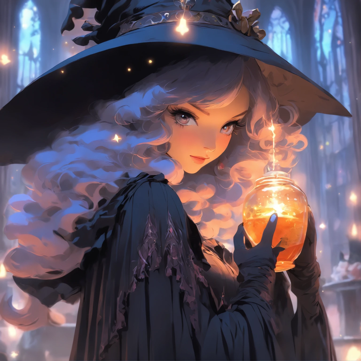 pretty sorceress, Women only。Black Gothololita dress, cloaks,Holding a bottle of potion in hand,white backgrounid,k hd,8K