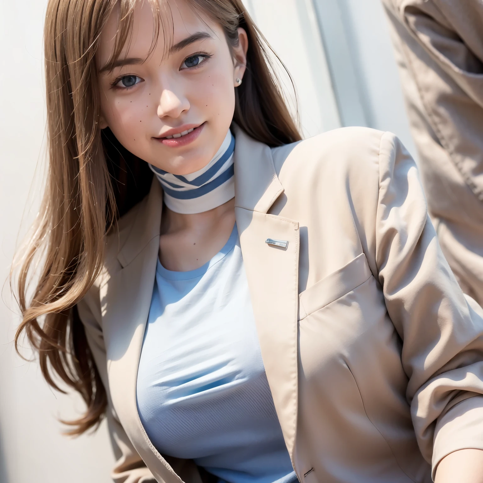 mix4, (Raw photo),(Best Quality), (Photorealistic),( White background:1.2), ,,girl with, Upper body, High Detail Face, Smile,[ash blonde | ginger | brown grey hair], FUJI XT3, beige or camel、High-waisted pants in neutral tones like silver and blue, Combination of silk blouse and structured blazer, Create a sophisticated and powerful look,