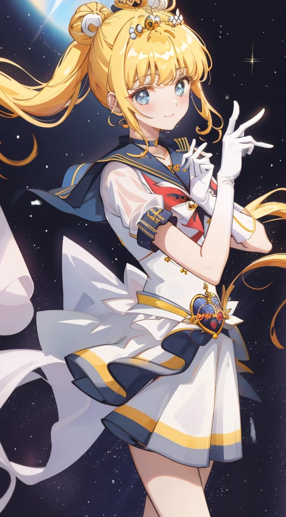 (Meisterwerk, best quality; 1.3), extrem detaillierter CG, super detailliert, 女の子1人, nur, smil, Schauen Sie sich das Publikum an, Stilvoller Ungle, lange blonde Haare, blaue Augen, SV1, Matrosen-Senishi-Uniform, Orangefarbener Rock, Ellbogen-Handschuhe, Tiara, orangefarbener Matrosenkragen, Rote Schleife, Orangefarbene Halskette, white gloves, Schmuck, viele Herzen, Gesichtsfokus, Venus, Tornado, Abstrakter Hintergrund, Herzsturm, Haltebalken, Herzblase, Herzbad, Halt Star, Herzblume, Herzlampe, Die Welt des Herzens, herz hintergrund, Galaxie-Hintergrund, Herz-Waffe, Herz-Heiligenschein,