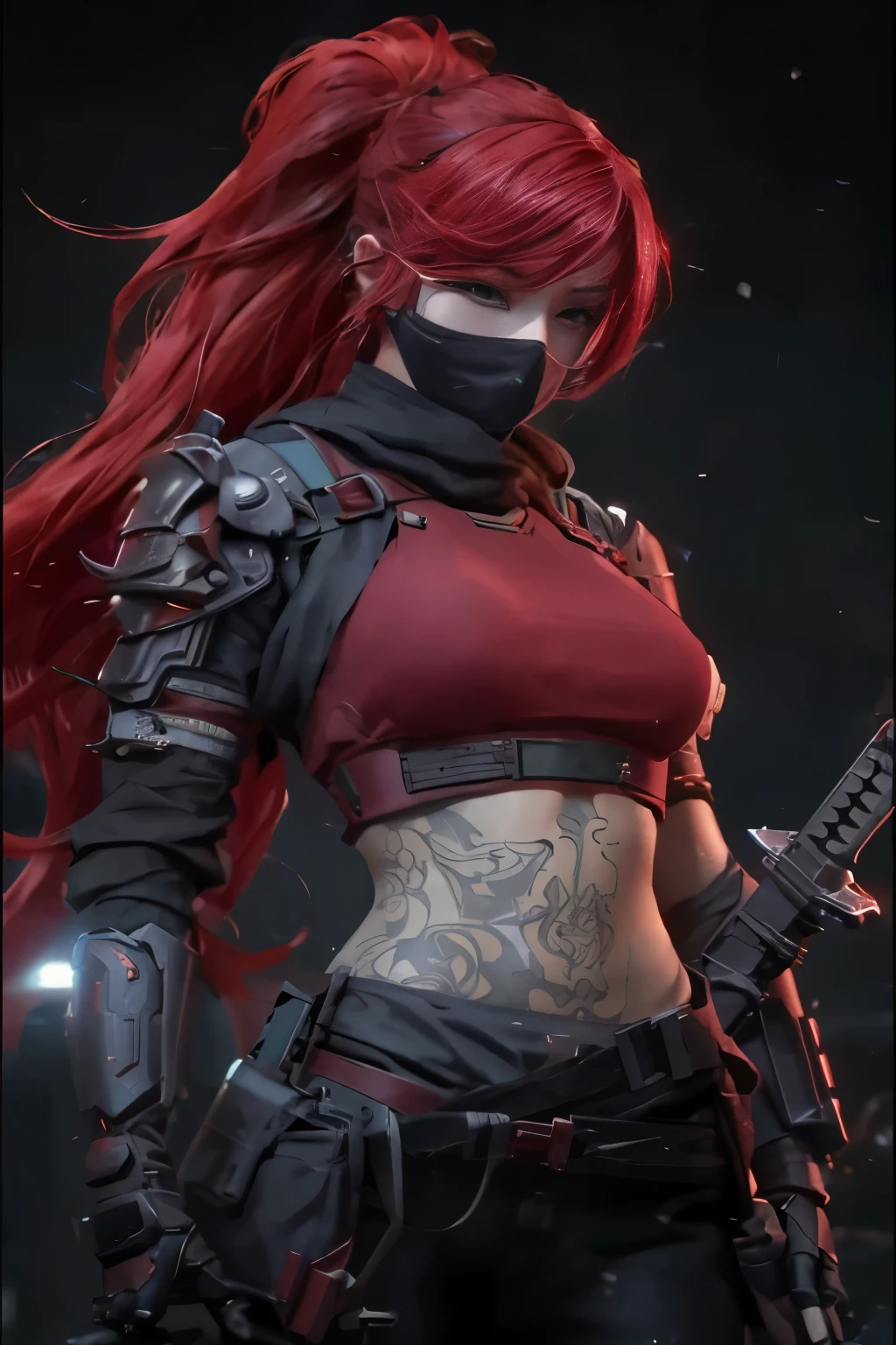 Close-up of a woman wearing a mask holding a knife, Stunning 8K character concept art, Redhead female cyberpunk, Stunning character art, CG concept art, female cyberpunk anime girl, Epic and beautiful character art, 3D rendering character art 8k, Red Armor Lady, Female Assassin, cyberpunk assassin, female rouge killer, deviantart art station cgscosiety,solid color backdrop