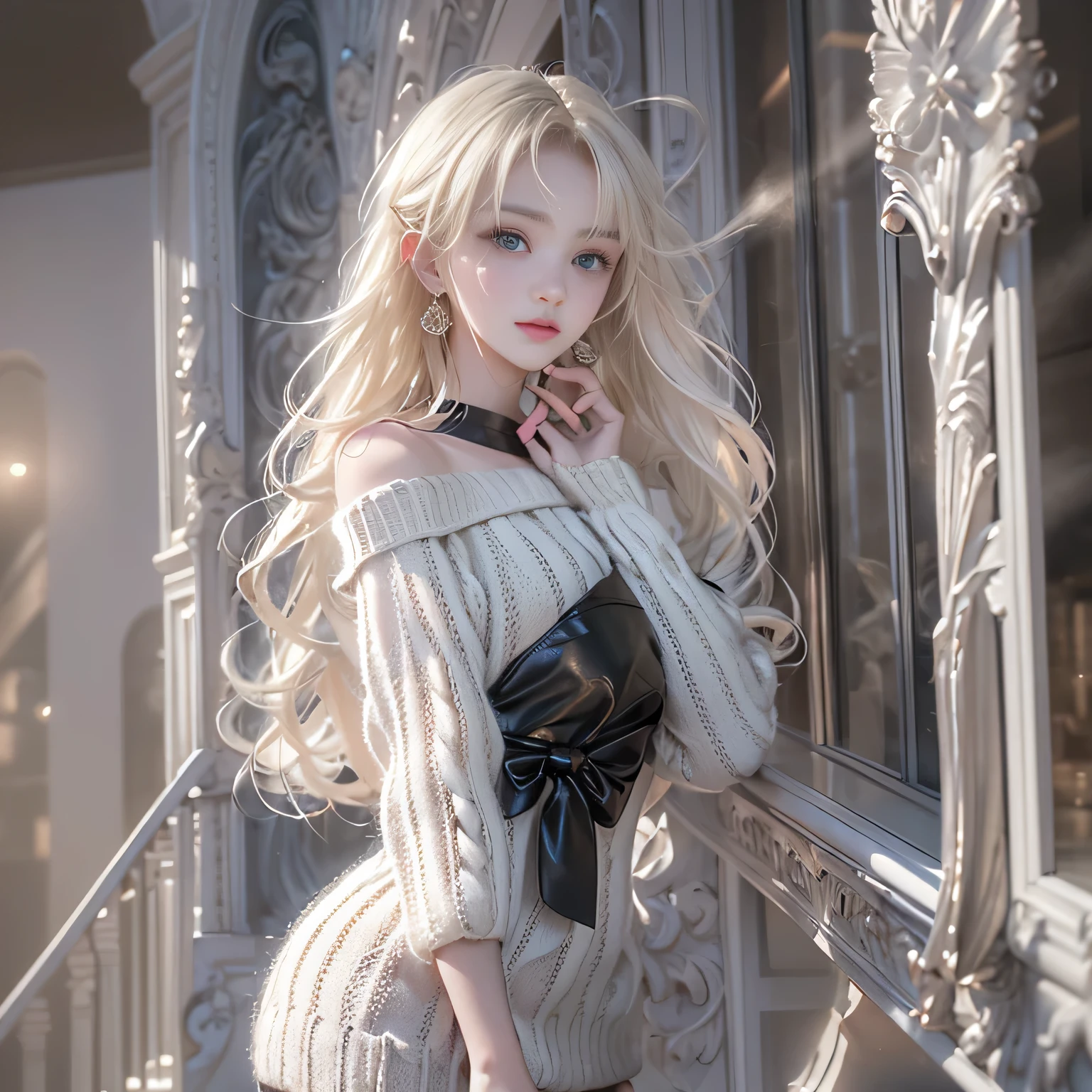((girl standing on the stairs in the office)),bright expression、Young shiny shiny white shiny skin、Best Look Rondo Reflective Light、Platinum blonde hair with dazzling highlights、shiny light hair,、Super long silky straight hair、Beautiful bangs that shine、Glowing crystal clear attractive big blue eyes、Very beautiful nice cute  girl、Lush bust,Beautiful detailed eyes, beautiful detailed nose,(( Full Body Angle:1.5)),Makeup that the eyes emphasize、Royal style，Comic style, , Sub-surface scattering, ornate detail, nature backdrop, Supergianthugebreasts, ((Cinematic)), Dramatic Lighting, masutepiece、((Off-the-shoulder white hand-knitted sweater:1.4))、((Black Leather Mini Skirt)), ((Black Leather High Heel Boots)）、(White lace panties are visible)、1 girl in、Ultra realistic 8K CG, 絵のようにflawlessな顔, flawless, clean, masutepiece, Professional artwork, famousartwork, Perfect face, Beautiful face, beautiful lawless female body)), Solo,(Immersive atmosphere, Chiaroscuro:1.5,Bright light:1.2,Luminous lighting),(blush:0.5),fascinated expression,Extremely detailed_Eyes,thick thighs,Large,beautifullydetailedbackground,depth of fields,Realistic:1.3, , (ambient lights:1.3),(Cinematic composition:1.3),(Neon light:0.1),(nffsw:0.1),((Outside the window, Hazy skyscrapers))