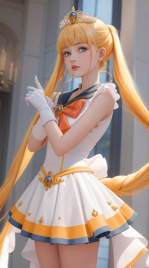 (Meisterwerk, best quality; 1.3), extrem detaillierter CG, super detailliert, 1人, nur, smil, Schauen Sie sich das Publikum an, Stilvoller Ungle, lange blonde Haare, blaue Augen, SV1, Matrosen-Senishi-Uniform, Orangefarbener Rock, Ellbogen-Handschuhe, Tiara, orangefarbener Matrosenkragen, Rote Schleife, Orangefarbene Halskette, white gloves, Schmuck, viele Herzen, Gesichtsfokus, Venus, Tornado, Abstrakter Hintergrund, Herzsturm, Haltebalken, Herzblase, Herzbad, Halt Star, Herzblume, Herzlampe, Die Welt des Herzens, herz hintergrund, Galaxie-Hintergrund, Herz-Waffe, Herz-Heiligenschein,