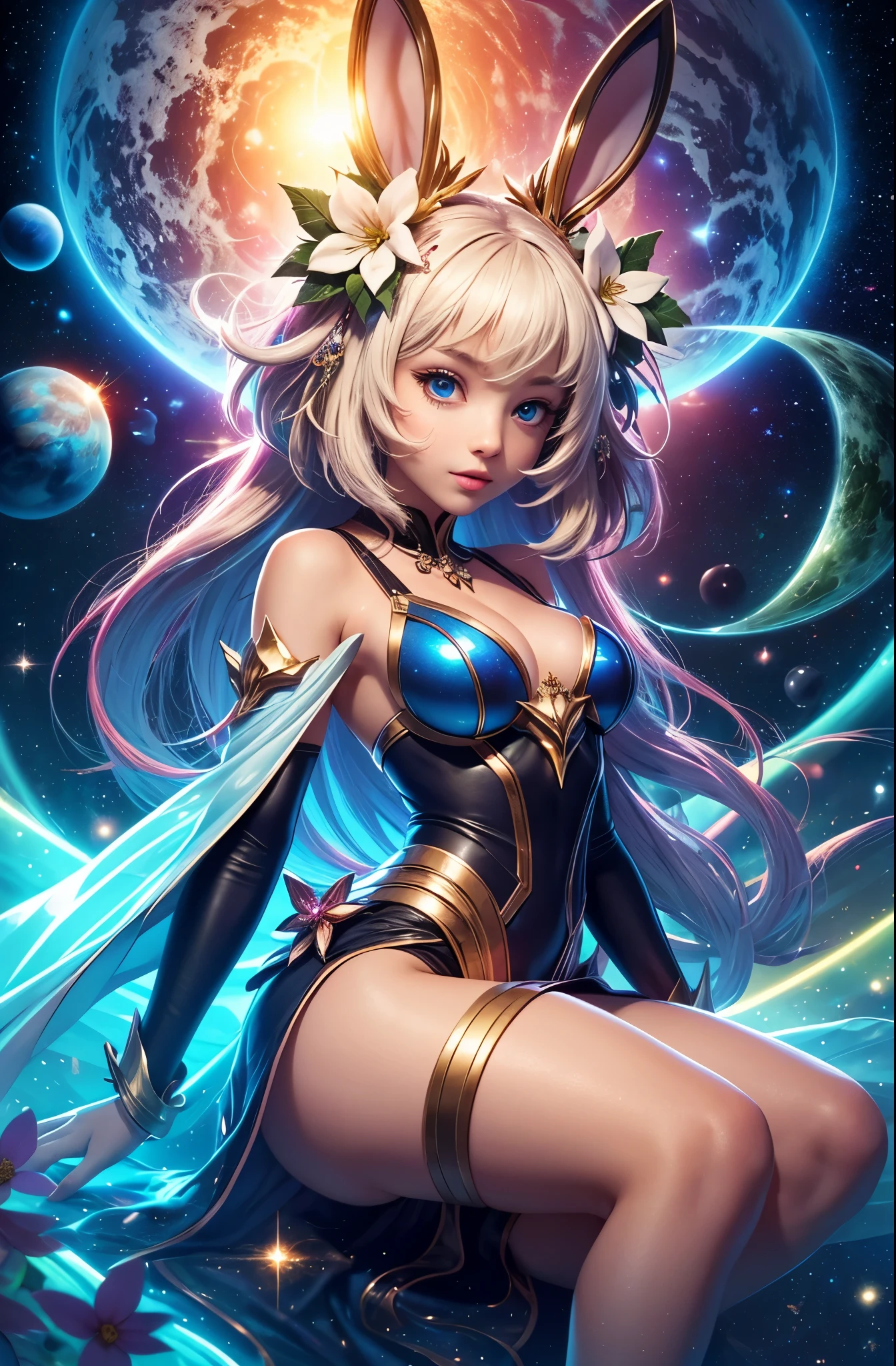 Merry Christmas bunny girl "Girl from the stars, (shimmering fur), celestial antennae, perfect symmetrical identical eyes, shell of wonder, planetary dreamscape, (cosmic enchantment), surreal artistry, vibrant and alien palettecrystal spring blossom, fantasy, galaxy, transparent, shimmering, sparkling, splendid, colorful, magical photography, dramatic lighting, photo realism, ultra-detailed, 4k, Depth of field, High-resolution