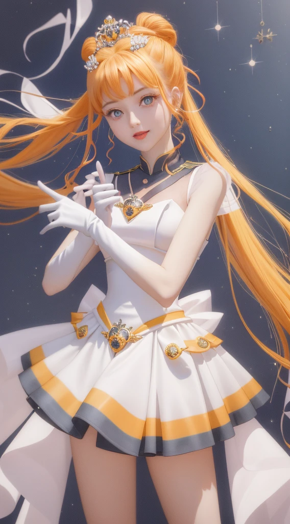 (Meisterwerk, best quality; 1.3), extrem detaillierter CG, super detailliert, 女の子1人, nur, smil, Schauen Sie sich das Publikum an, Stilvoller Ungle, lange blonde Haare, blaue Augen, SV1, Matrosen-Senishi-Uniform, Orangefarbener Rock, Ellbogen-Handschuhe, Tiara, orangefarbener Matrosenkragen, Rote Schleife, Orangefarbene Halskette, white gloves, Schmuck, viele Herzen, Gesichtsfokus, Venus, Tornado, Abstrakter Hintergrund, Herzsturm, Haltebalken, Herzblase, Herzbad, Halt Star, Herzblume, Herzlampe, Die Welt des Herzens, herz hintergrund, Galaxie-Hintergrund, Herz-Waffe, Herz-Heiligenschein,