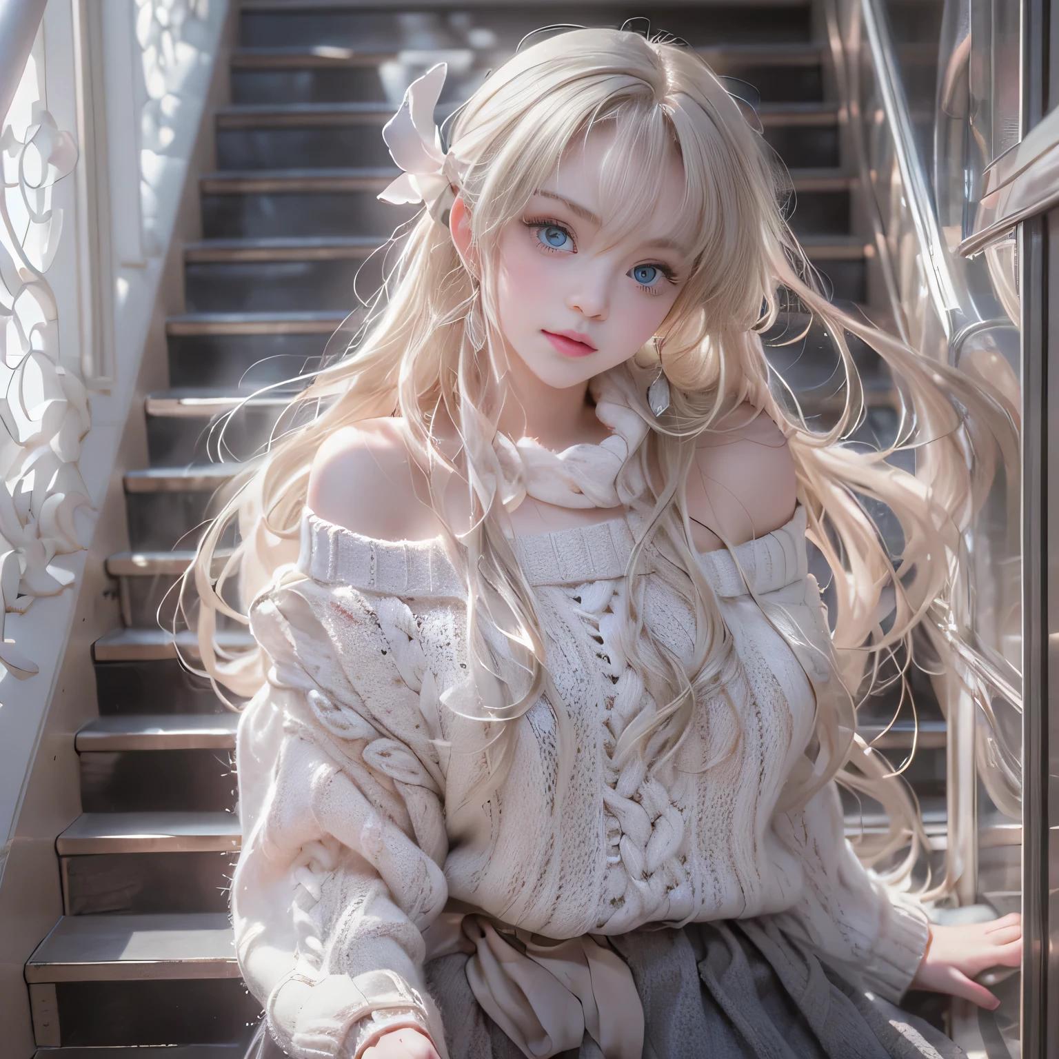 ((girl standing on the stairs in the office)),bright expression、Young shiny shiny white shiny skin、Best Look Rondo Reflective Light、Platinum blonde hair with dazzling highlights、shiny light hair,、Super long silky straight hair、Beautiful bangs that shine、Glowing crystal clear attractive big blue eyes、Very beautiful nice cute 16 year old girl、Lush bust,Beautiful detailed eyes, beautiful detailed nose,(( Full Body Angle:1.5)),Makeup that the eyes emphasize、Royal style,Comic style, , Sub-surface scattering, ornate detail, nature backdrop, Supergianthugebreasts, ((Cinematic)), Dramatic Lighting, masutepiece、((Off-the-shoulder white hand-knitted sweater:1.4))、((Black Leather Mini Skirt)), ((Black Leather High Heel Boots))、(White lace panties are visible)、1 girl in、Ultra realistic 8K CG, 絵のようにflawlessな顔, flawless, clean, masutepiece, Professional artwork, famousartwork, Perfect face, Beautiful face, beautiful lawless female body)), Solo,(Immersive atmosphere, Chiaroscuro:1.5,Bright light:1.2,Luminous lighting),(blush:0.5),fascinated expression,Extremely detailed_Eyes,thick thighs,Large,beautifullydetailedbackground,depth of fields,Realistic:1.3, , (ambient lights:1.3),(Cinematic composition:1.3),(Neon light:0.1),(nffsw:0.1),((Outside the window, Hazy skyscrapers))