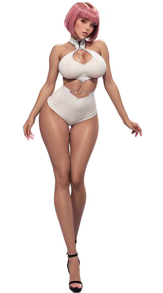 pink hair, (short bangs hair:1.36), detailed brown eyes, narrow waist, depth of field, 1girl, (on a   background:1.3), (full body:1.4), pose, big breasts, wide hips, athletic figure, ((thigh cutout:1.3):1.2), (((tanned skin))),