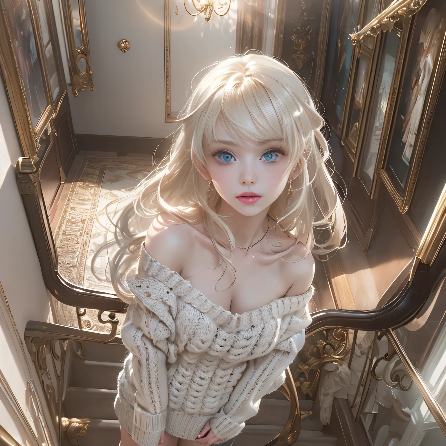 ((girl standing on the stairs in the office)),bright expression、Young shiny shiny white shiny skin、Best Look Rondo Reflective Light、Platinum blonde hair with dazzling highlights、shiny light hair,、Super long silky straight hair、Beautiful bangs that shine、Glowing crystal clear attractive big blue eyes、Very beautiful nice cute  girl、Lush bust,Beautiful detailed eyes, beautiful detailed nose,(( Full Body Angle:1.5)),Makeup that the eyes emphasize、Royal style，Comic style, , Sub-surface scattering, ornate detail, nature backdrop, Supergianthugebreasts, ((Cinematic)), Dramatic Lighting, masutepiece、((Off-the-shoulder white hand-knitted sweater:1.4))、((Black Leather Mini Skirt)), ((Black Leather High Heel Boots)）、(White lace panties are visible)、1 girl in、Ultra realistic 8K CG, 絵のようにflawlessな顔, flawless, clean, masutepiece, Professional artwork, famousartwork, Perfect face, Beautiful face, beautiful lawless female body)), Solo,(Immersive atmosphere, Chiaroscuro:1.5,Bright light:1.2,Luminous lighting),(blush:0.5),fascinated expression,Extremely detailed_Eyes,thick thighs,Large,beautifullydetailedbackground,depth of fields,Realistic:1.3, , (ambient lights:1.3),(Cinematic composition:1.3),(Neon light:0.1),(nffsw:0.1),((Outside the window, Hazy skyscrapers))