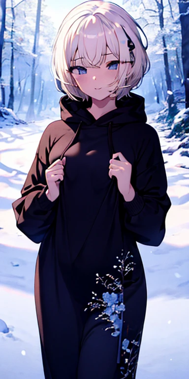 (best quality:1.3), (masterpiece:1.3), (illustration:1.3), (ultra-detailed:1.3), ((Best quality)), 1girl, black chinese dress, (((white hair))), blue eyes, looking at viewer, sweet smile, , solo, loose hair, short hair , black hoodie, outdoors, snowing forest, short, cute female,