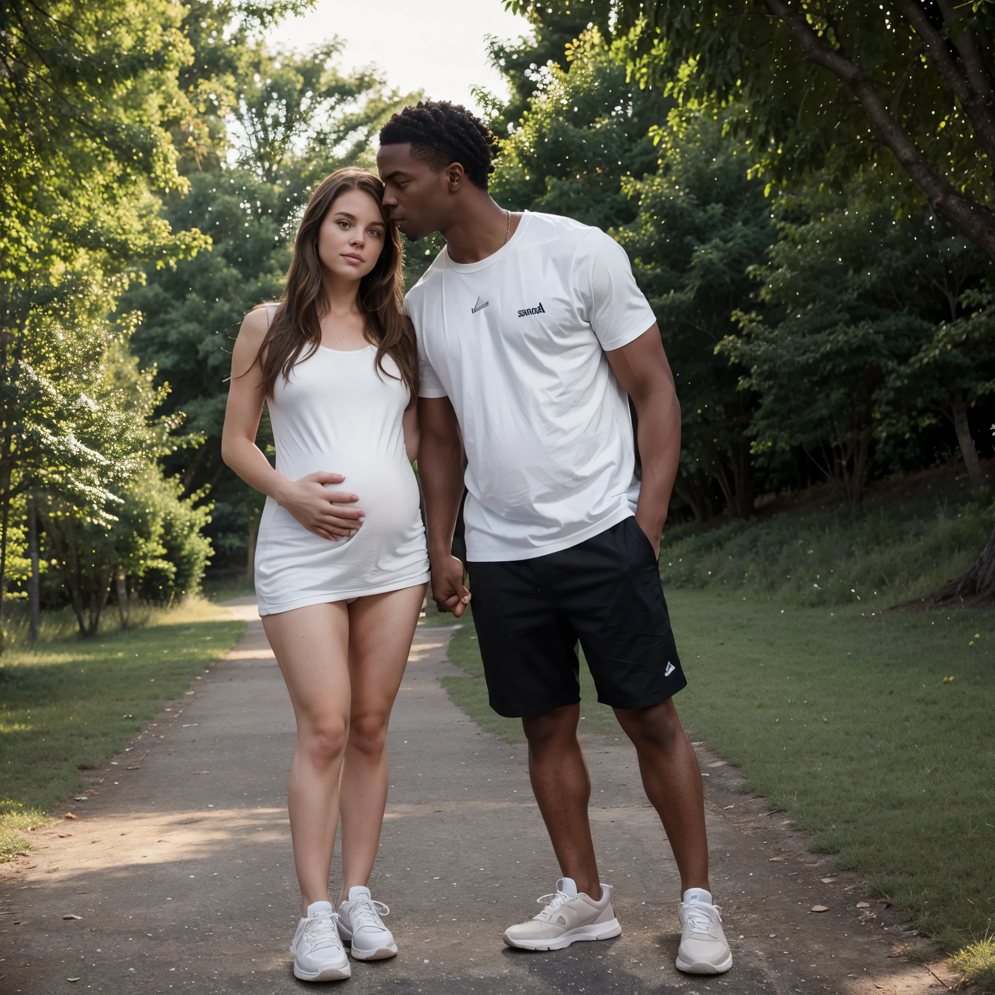 a naked white-skinned pregnant girl in sneakers with brown hair stands in an embrace with a black man, against a background of trees, a white-skinned man stands next to her, full-face