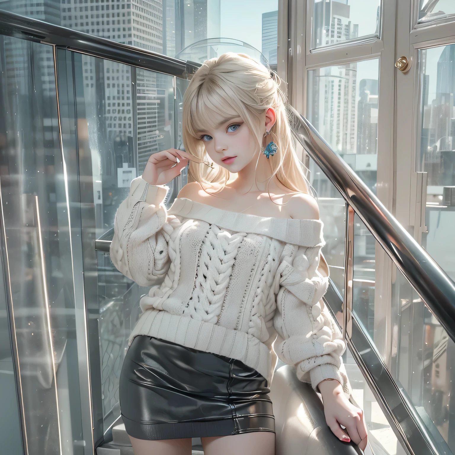 ((girl standing on the stairs in the office)),bright expression、Young shiny shiny white shiny skin、Best Look Rondo Reflective Light、Platinum blonde hair with dazzling highlights、shiny light hair,、Super long silky straight hair、Beautiful bangs that shine、Glowing crystal clear attractive big blue eyes、Very beautiful nice cute 16 year old girl、Lush bust,Beautiful detailed eyes, beautiful detailed nose,(( Full Body Angle:1.5)),Makeup that the eyes emphasize、Royal style,Comic style, , Sub-surface scattering, ornate detail, nature backdrop, Supergianthugebreasts, ((Cinematic)), Dramatic Lighting, masutepiece、((Off-the-shoulder white hand-knitted sweater:1.4))、((Black Leather Mini Skirt)), ((Black Leather High Heel Boots))、(White lace panties are visible)、1 girl in、Ultra realistic 8K CG, 絵のようにflawlessな顔, flawless, clean, masutepiece, Professional artwork, famousartwork, Perfect face, Beautiful face, beautiful lawless female body)), Solo,(Immersive atmosphere, Chiaroscuro:1.5,Bright light:1.2,Luminous lighting),(blush:0.5),fascinated expression,Extremely detailed_Eyes,thick thighs,Large,beautifullydetailedbackground,depth of fields,Realistic:1.3, , (ambient lights:1.3),(Cinematic composition:1.3),(Neon light:0.1),(nffsw:0.1),((Outside the window, Hazy skyscrapers))