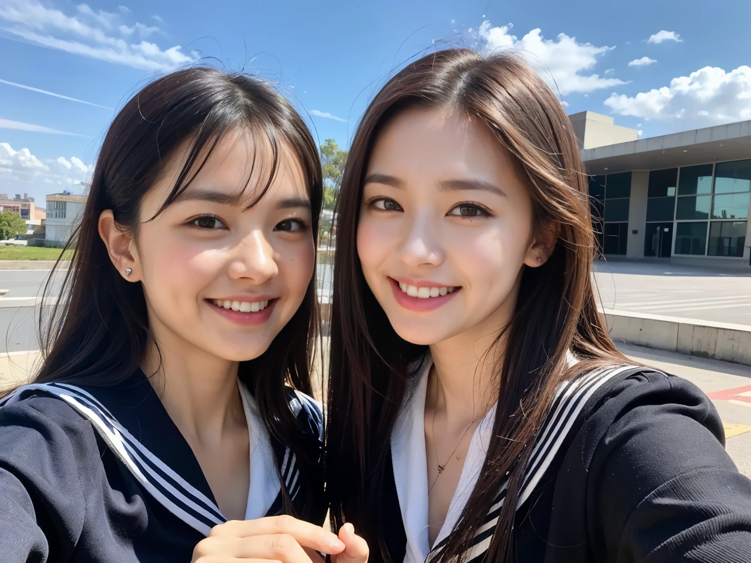 (8k, RAW photos, top quality, masterpiece: 1.2), ultra detail, super resolution, (realistic, actual photos: 1.37), (photorealistic: 1.6), eating lunch on the roof of the school. , Fantastic scenery, cute lunch box, Gakko rooftop, lunch break, fashionable school, futuristic city, school of the future, future world, fantastic world, new world, high resolution RAW color photo, professional photo, very detailed and beautiful, (pointing at the camera), real light (with both hands wide open and palm facing us), smile so much that you can see your teeth, beautiful scenery mixed with light, Very detailed sailor suit, amazingly cute female proofreading, amazing cute smile, transcendent cute face, amazing details, red scarf, very detailed beautiful girls, different pattern face, one is a ponytail, modern cute schoolgirl, very detailed face very detailed eyes, very realistic skin, very detailed fingers, very detailed nose, very detailed mouth, perfect anatomy, Highly detailed sailor suit, highly detailed background,after school,。 full of smiles, long straight hair, (dull bangs: 1.2), Celebrity level cuteness, high school girl youth (pink eye shadow)