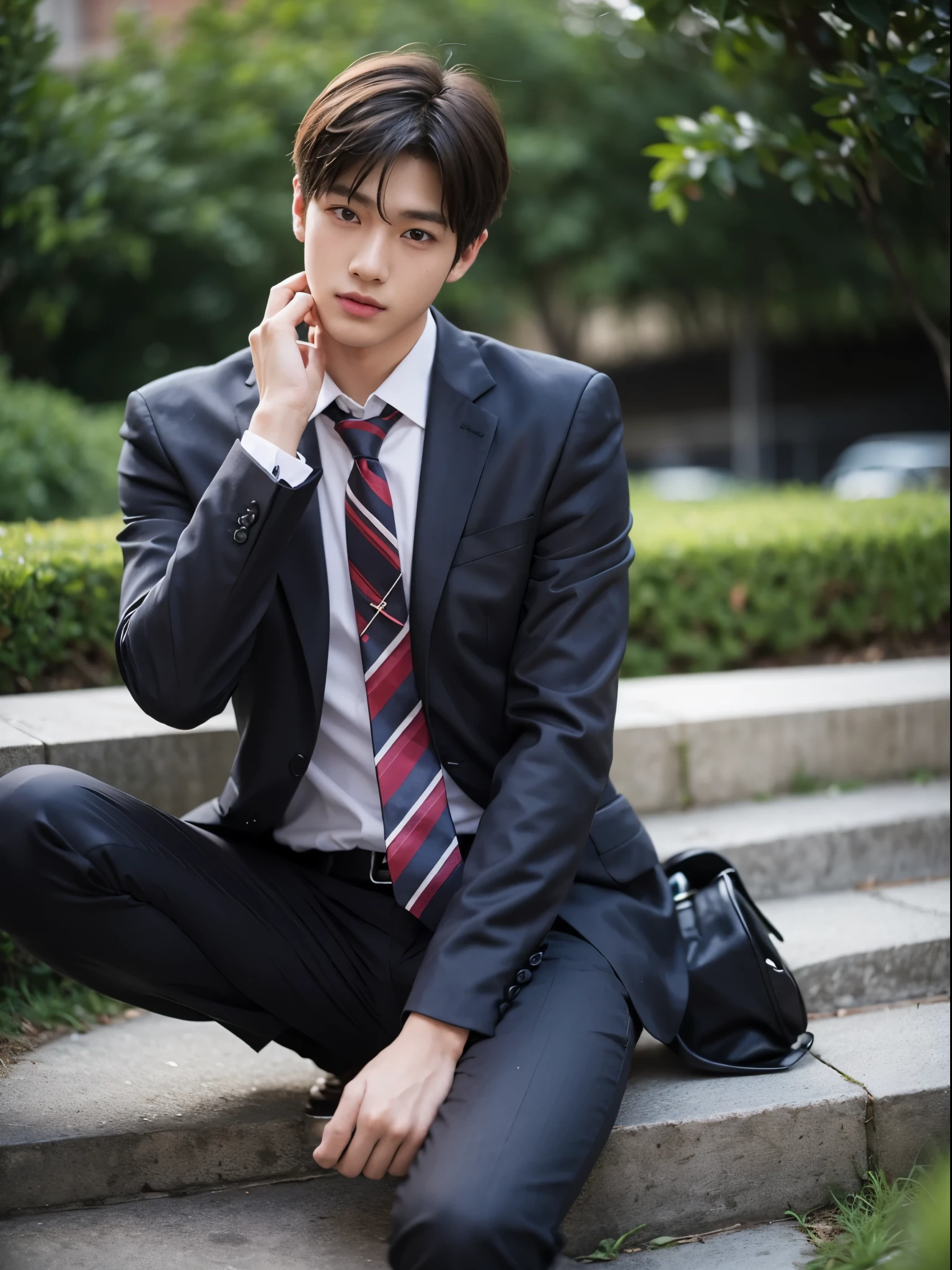 boy, 17 y.o, handsome, suit, tie, school field