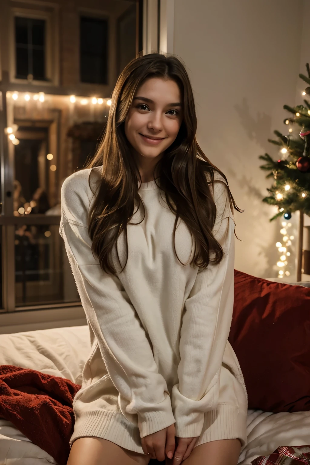 /((Ultra Long Exposure Photography)) high quality, highly detailed, long haired wavy brunette woman, enjoying Christmas evening, Onlyfan pose, wearing cute Christmas clothes, cozy and warm clothes, very happy girl smiling, getting ready for bed