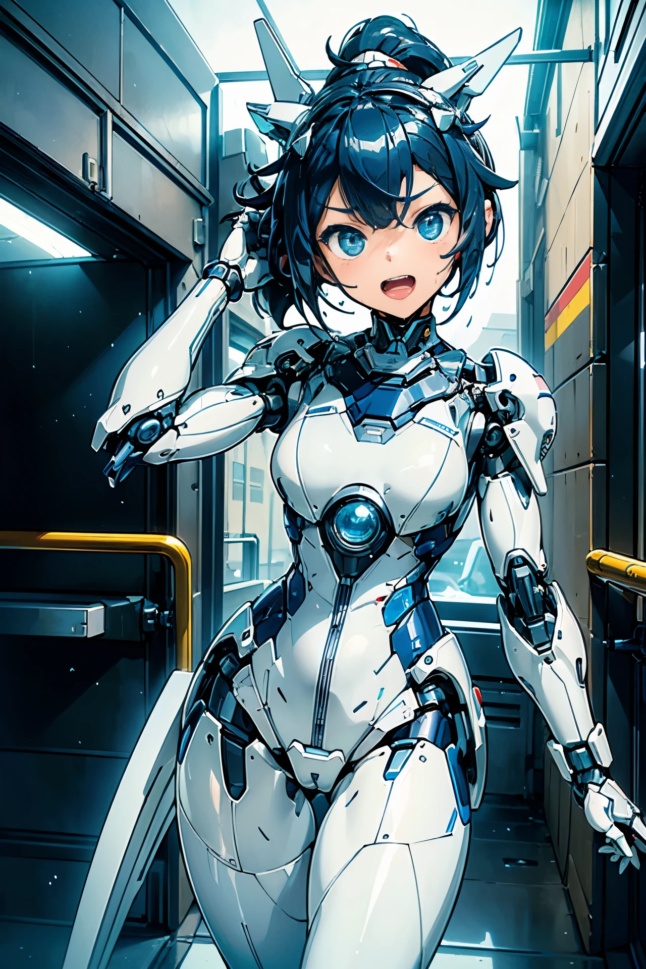 (((masterpiece))), (two human men:1.4), Girl Robot, (loli:1.4), (Gamine:1.5), (Streamlined body based on pure white1.4), White and navy blue pilot suit, White and navy blue tight-fitting clothing, White and navy blue thigh cover pants, White and navy blue shoulder cover clothes, White and navy blue shiny clothes, navy blue tight fit pants, (Soggy eyes in the morning:1.4), (Mouth open:1.4), (I have my mouth wide open:1.4), (Laughing:1.4), (Laughing:1.3), (Dark blue hair ponytail:1.4), (Mechanical joints:1.4), (Machine body:1.4), (From Side:1.3), (Looking away:1.3), (Walk with one arm raised high:1.4), (walk along the ship's aisle:1.4), (a few passersby:1.4), (Raise one arm to greet human passersby:1.4), (Greeting with one arm raised high:1.4), mecha musume, Mechanical parts, Robot joints, Headgear