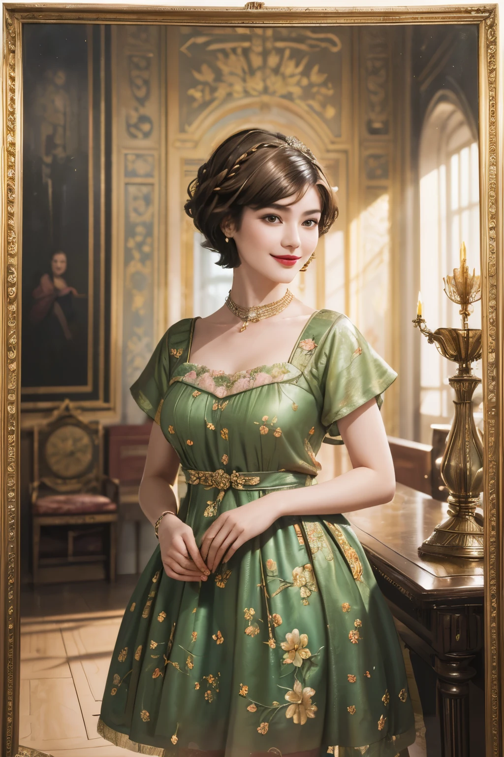 141
(a 20 yo woman,in the palace), (A hyper-realistic), (high-level image quality), ((beautiful hairstyle 46)), ((short-hair:1.46)), (kindly smile), (brest:1.1), (lipsticks), (is wearing dress), (murky,wide,Luxurious room), (florals), (an oil painting、Rembrandt)