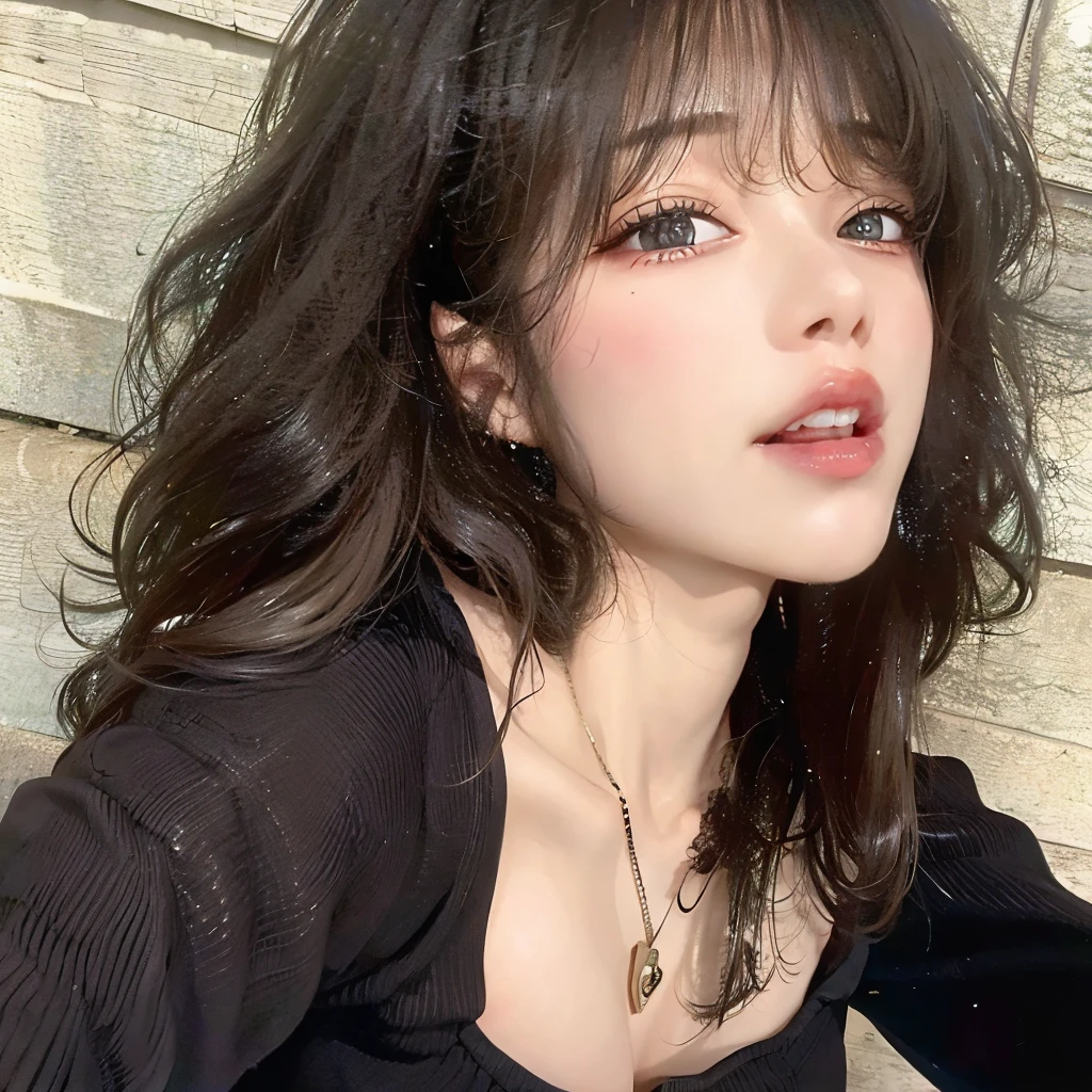 there is a woman with rizado hair and a necklace on, rizado bangs, rizado haired, Retrato Sophie Mudd, su rostro enmarcado con rizos, black rizado hair, rizado, messy rizado hair, rizado hair, (dark shorter rizado hair), rizado bangs and ponytail, long wild black rizado hair, rizado dark hair, rizado black hair, rizado middle part haircut