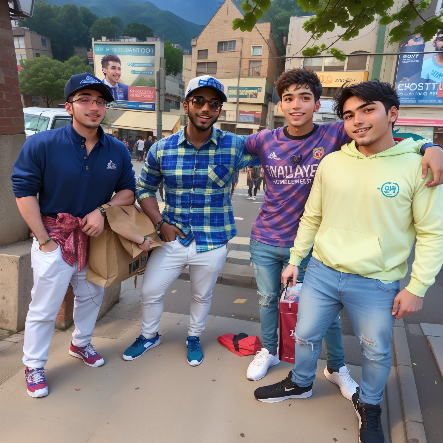 three men standing next to each other in front of a building, candid picture, in city street, in group photograph, cute boys, college students, candid photo, edited, candid shot, gang, standing in township street, candid, while smiling for a photograph, graphical, posing for a picture, at a city street, stylish pose, candid photograph, in modern era