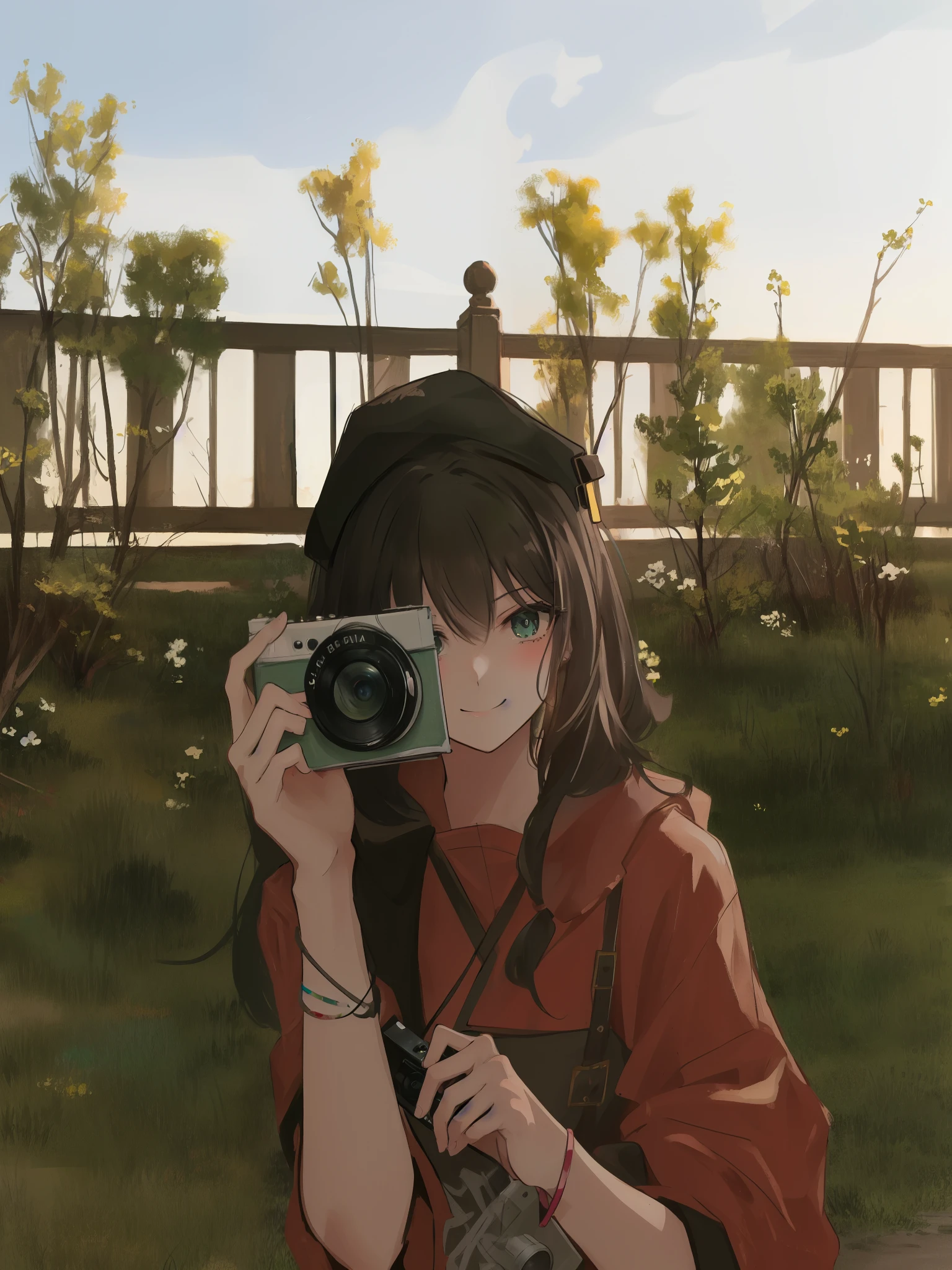 (painting:1.3), (blurry:1.3), (blurry drawing:1.3), there is a woman holding a camera and smiling while sitting in the grass, photography], photography ), anime style mixed with fujifilm, 🤬 🤮 💕 🎀, taking a picture, selfie photography, 35mm —W 1920 —H 1080, cute photograph, 38mm photograhpy, 38mm photography