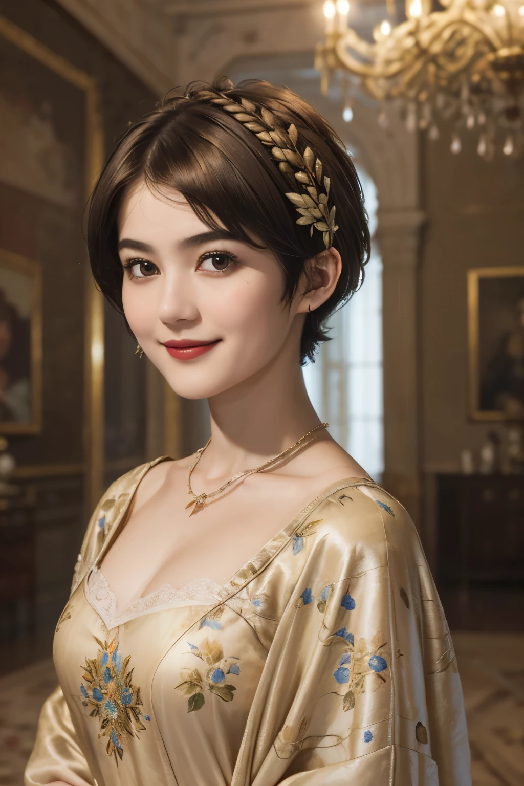 141
(a 20 yo woman,in the palace), (A hyper-realistic), (high-level image quality), ((beautiful hairstyle 46)), ((short-hair:1.46)), (kindly smile), (brest:1.1), (lipsticks), (is wearing dress), (murky,wide,Luxurious room), (florals), (an oil painting、Rembrandt)