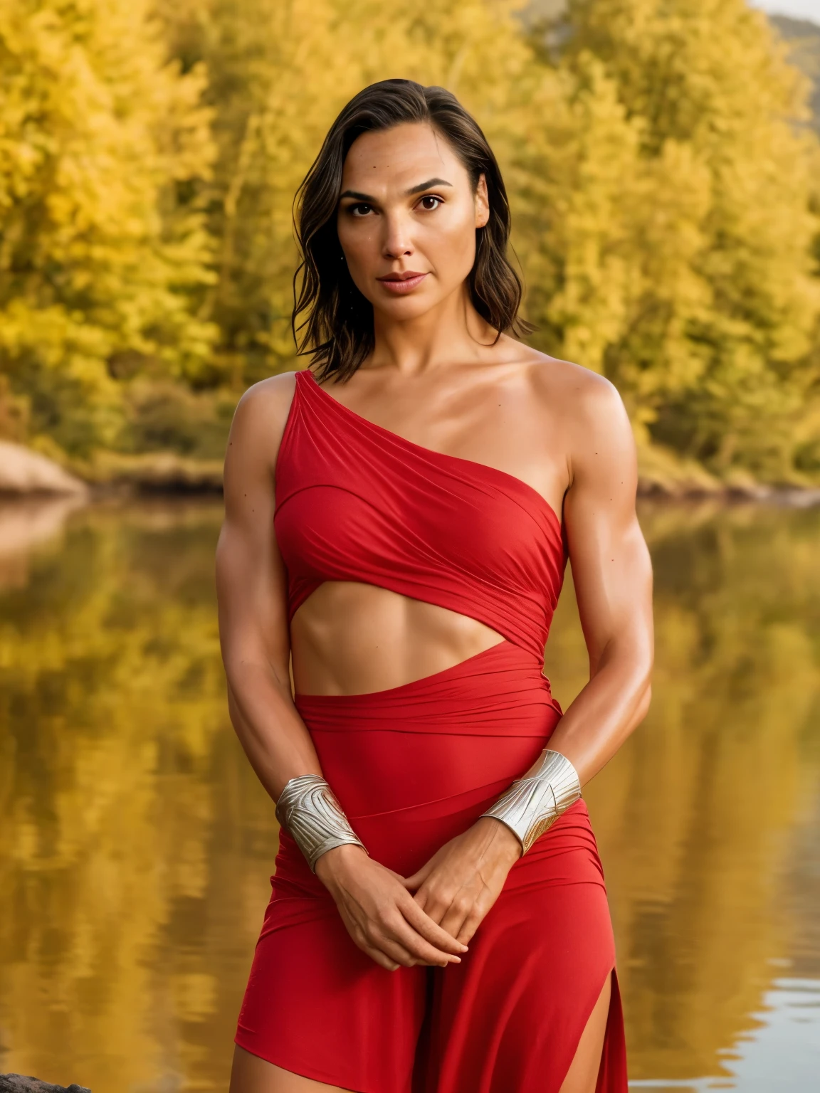 (quality raw photo) (galgadot) as lara croft standing on a lake , [famous, celebrity ,sexy, photorealistxtremely sexy woman, buttery skin, 6ft tall woman, fit tall woman, muscular body ,big body, seductive facial expression) ( detailed skin texture, pores,face lines) sexy position, (tight lara croft suit ), natural environment landscape [hyper photorealistic textures] ((intricate detail, detailed textures)) ((perfect body parts, Kodak 200T, soft lighting, global illumination ,Clear facial features, 85mm, 100mm lens, f/1.8 uplight, Ilford film stock --ar 16:9 --q 2 --v 5, Create ultra-detailed images textures, capturing every detail with precision ))