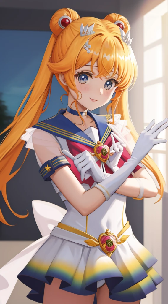 Masutepiece, best quality, hight resolution, SV1, Matrosen-Senshi-Uniform, Orangefarbener Rock, white shorts、Ellbogen-Haine, Tiarra, Faltenrock, Minirock, white panty、Rote Schleife, orangechoker, white gloves, Schmuck, Sternenhimmel, knallharte Pose, easy smile, portrait, schwimmend, Mond, upper body